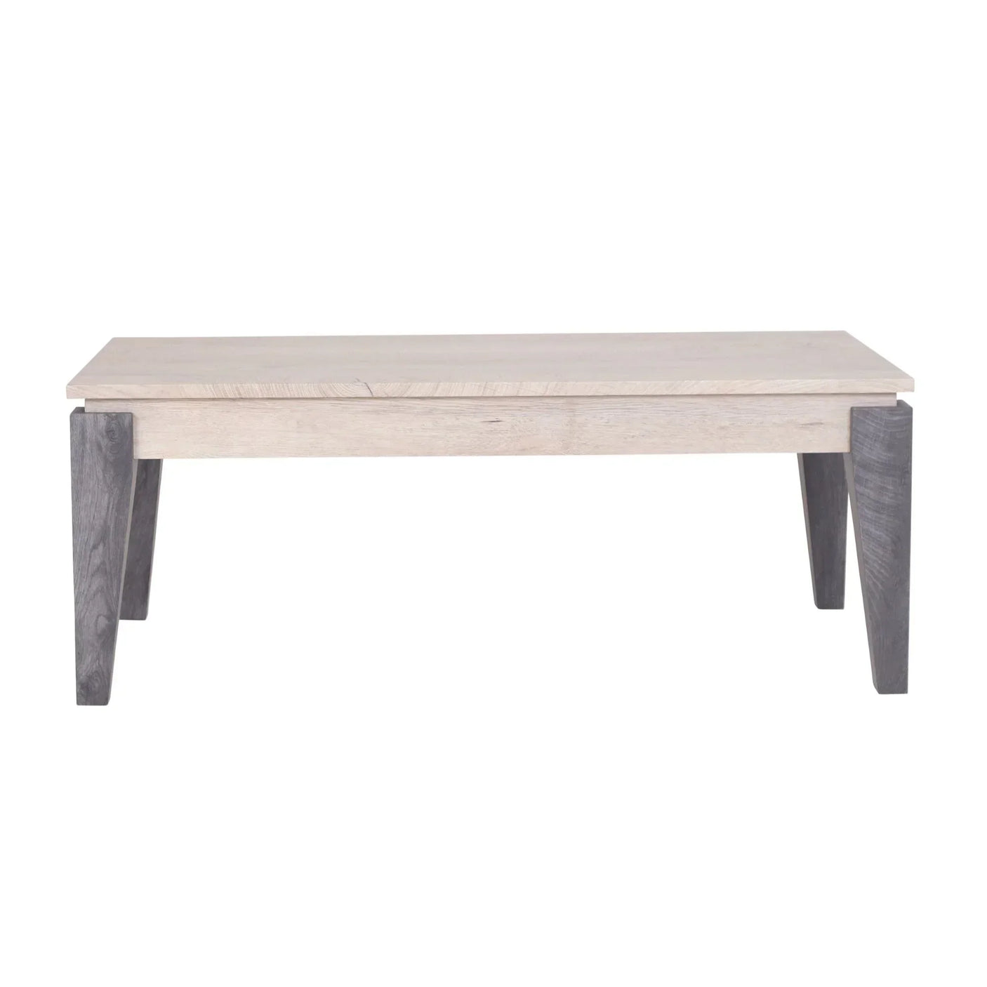 Rectangular wooden coffee table with light top and dark angled legs, front view