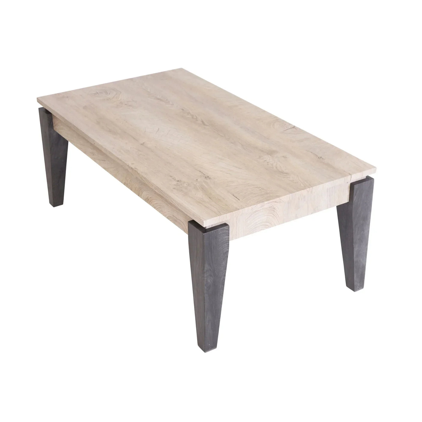 Rectangular coffee table with light wood top and angled dark wooden legs on white background