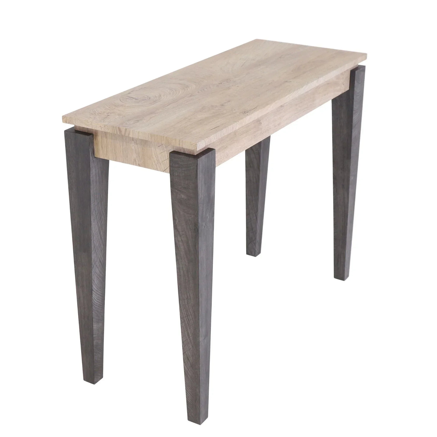 Oak console table with light wood top and dark angled legs, shown on white background
