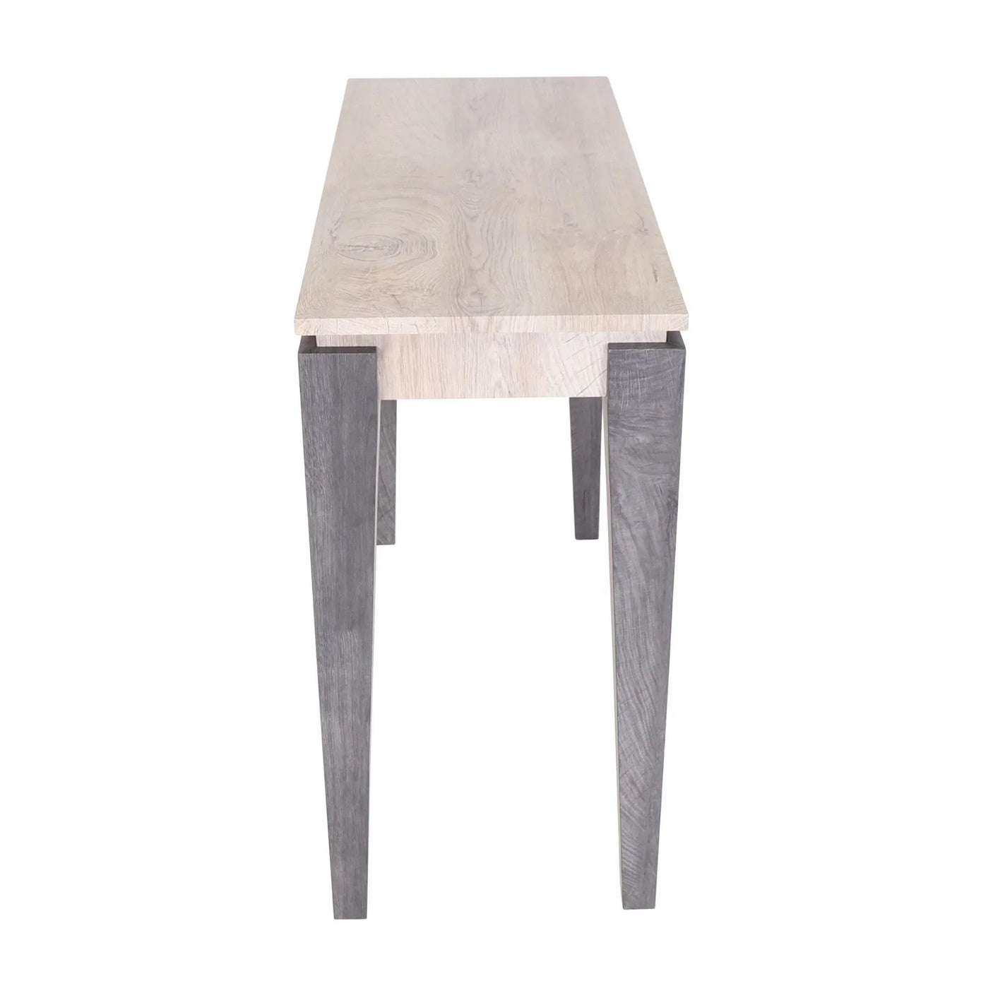 Narrow wooden console table with light top and angled grey legs, front view