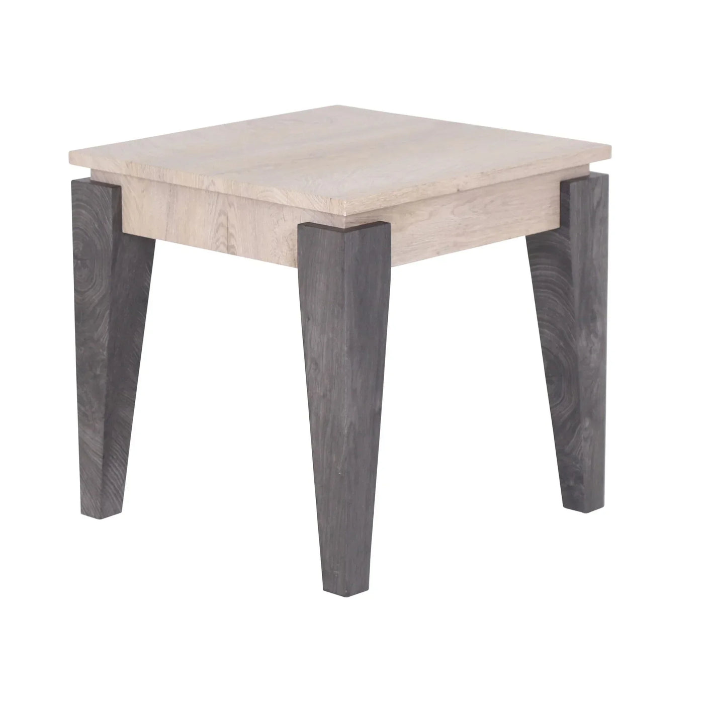 Square wooden lamp table with light top and dark angled legs
