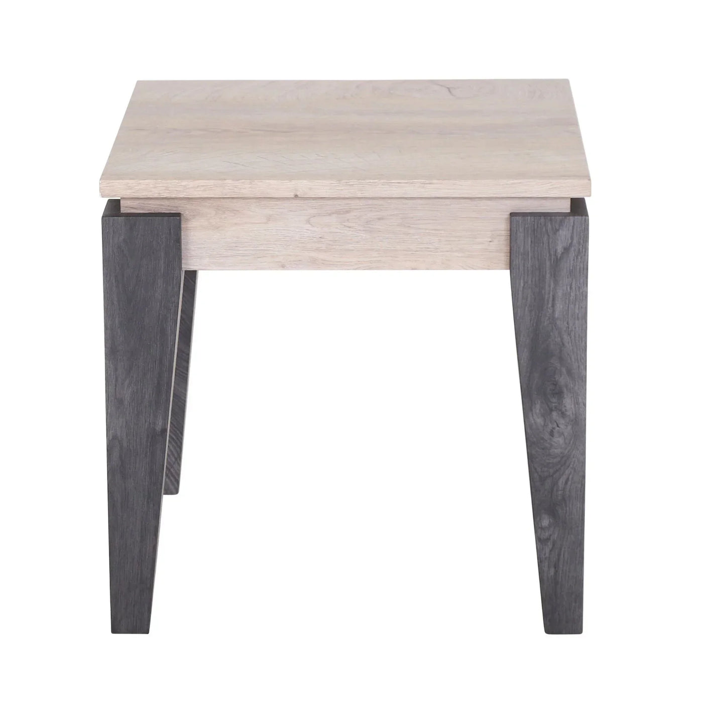 Modern oak side table with light wood top and angled dark wood legs, front facing view