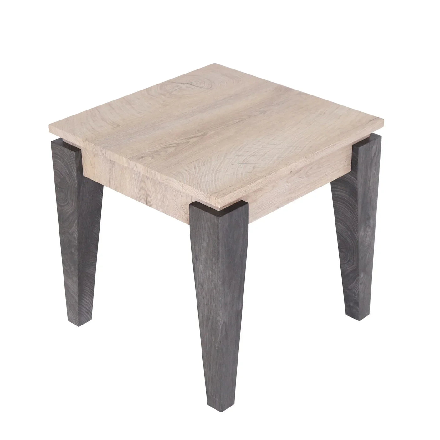 Square wooden side table with light oak top and dark angled legs