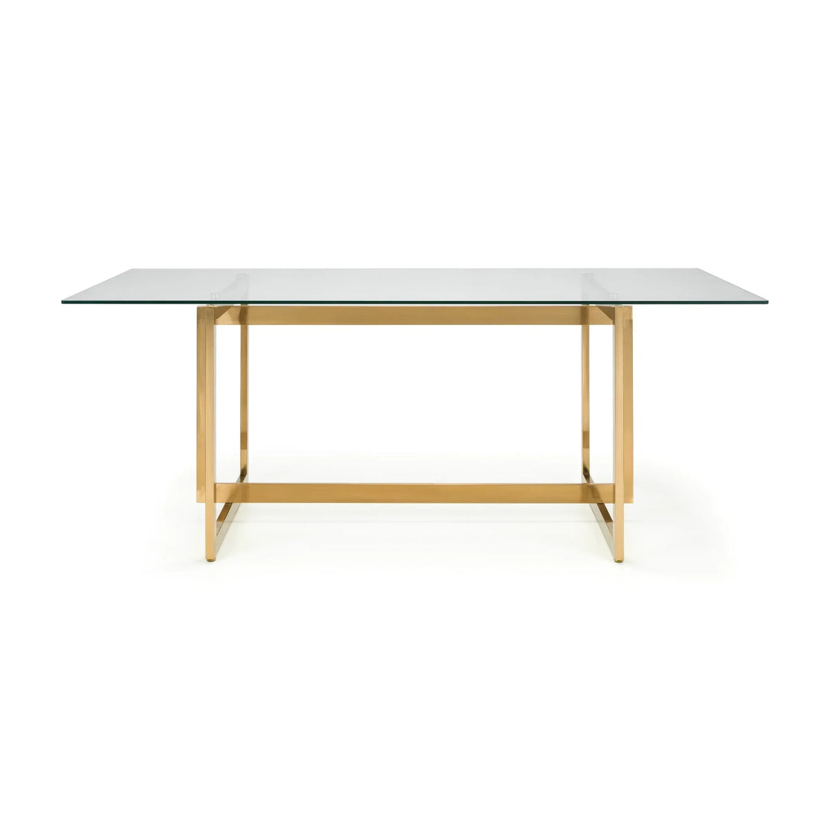 Glass dining table with gold metal frame, rectangular top, modern minimalist design