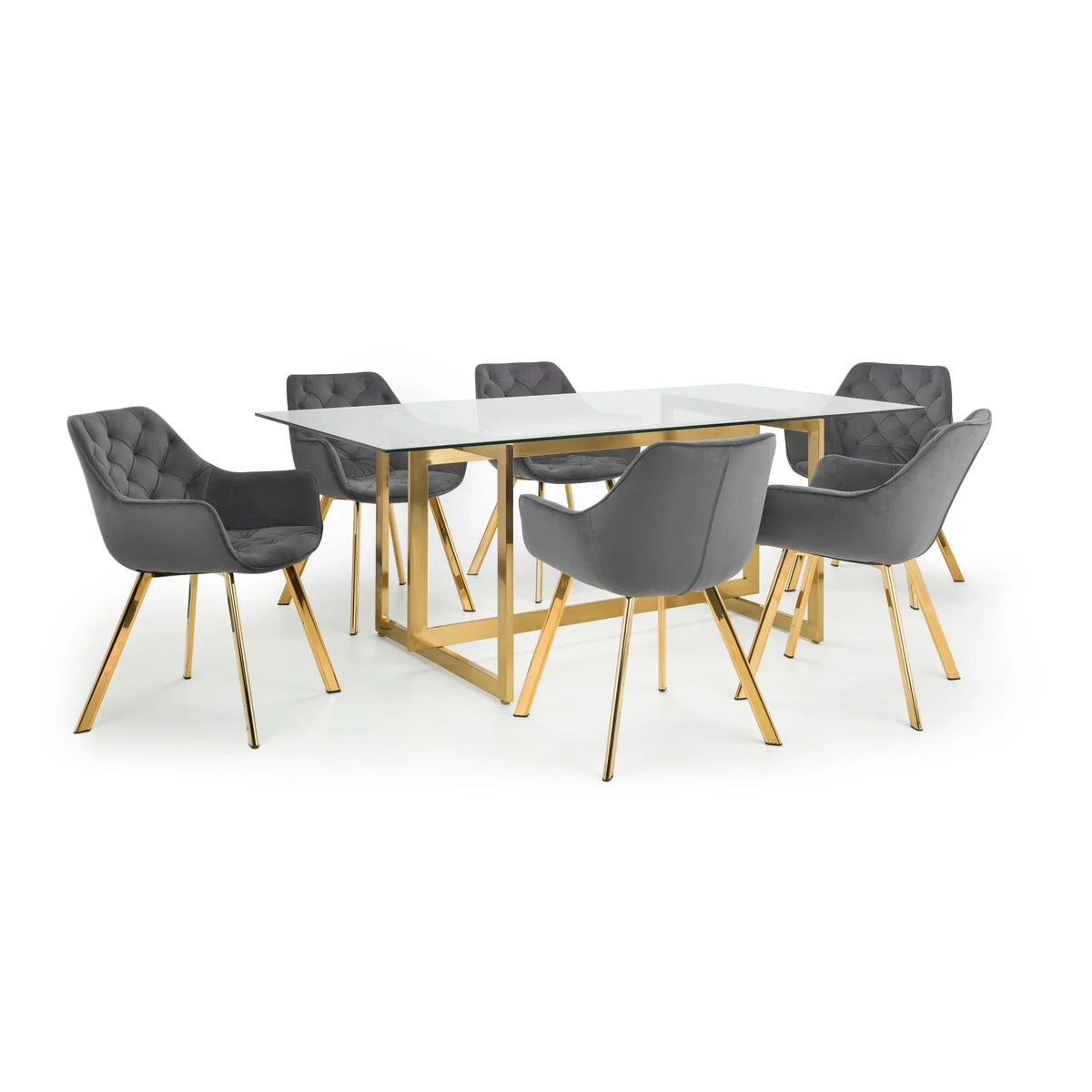 Glass dining table with gold base and six grey velvet dining chairs