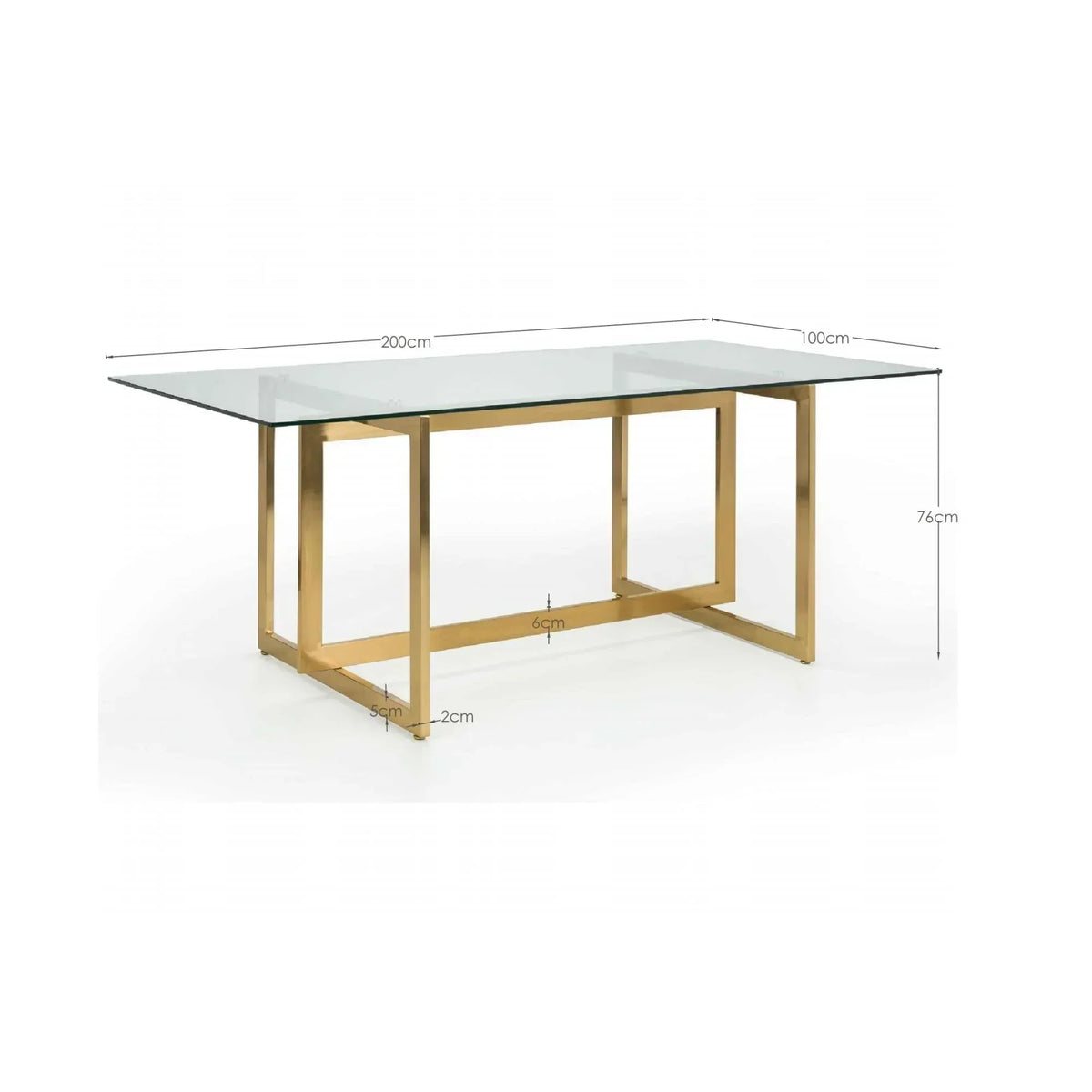 Rectangular glass dining table with gold metal frame and size measurements shown