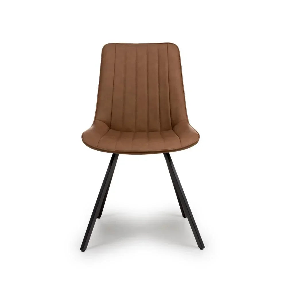 Brown dining chair with stitched seat and black angled metal legs, front view