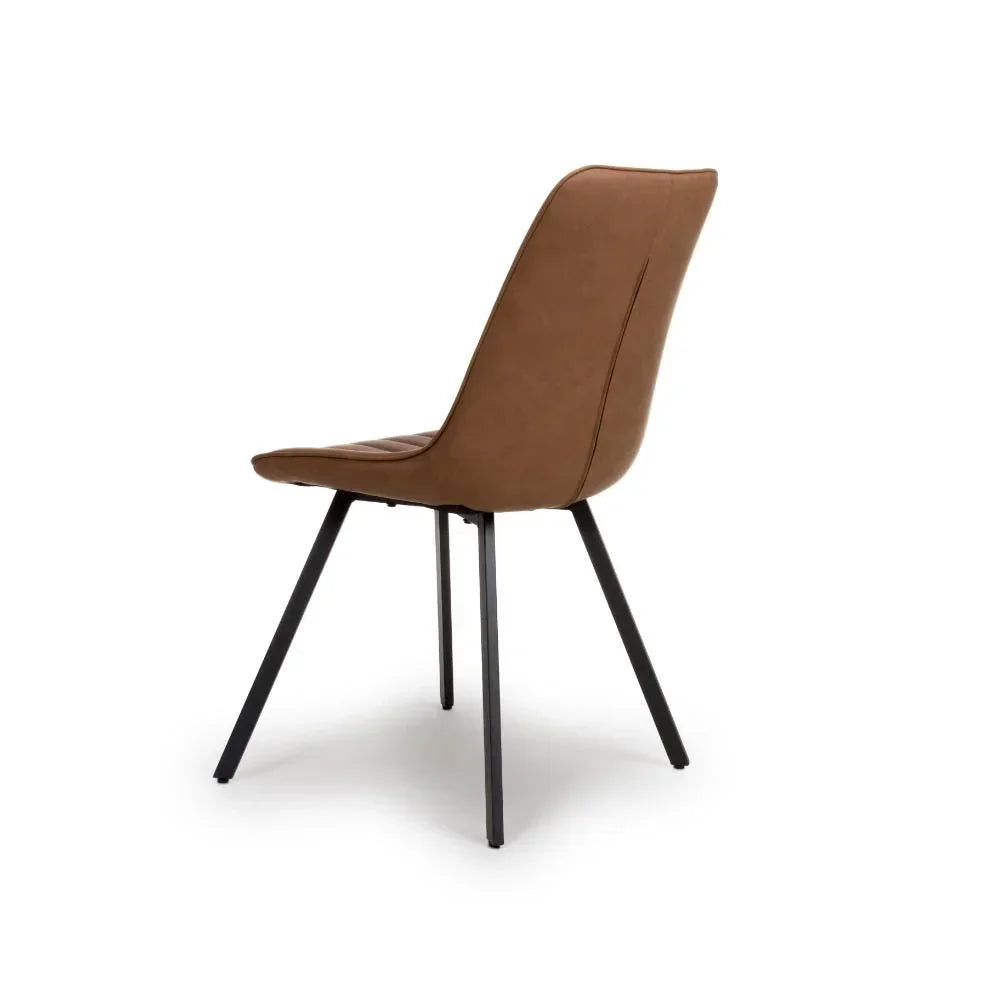 Brown dining chair with angled black metal legs, rear side view against white background