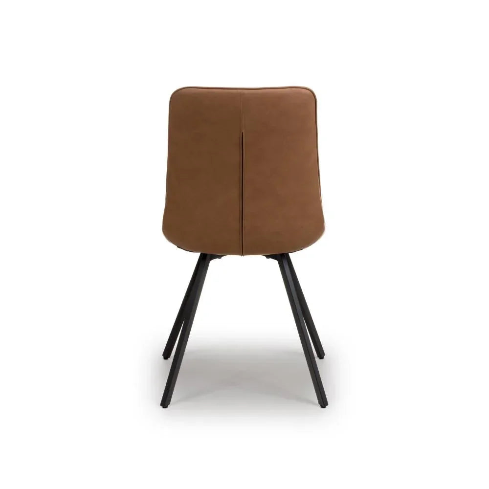 Back view of brown dining chair with black angled metal legs