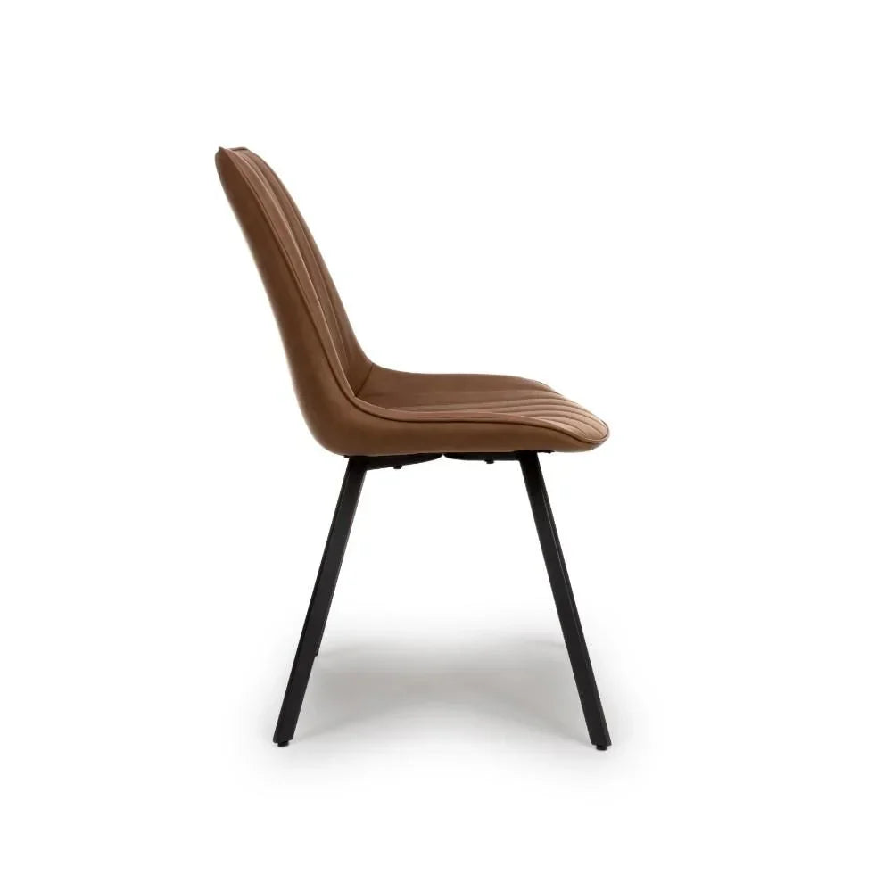 Brown dining chair with padded seat and black metal legs, side profile view