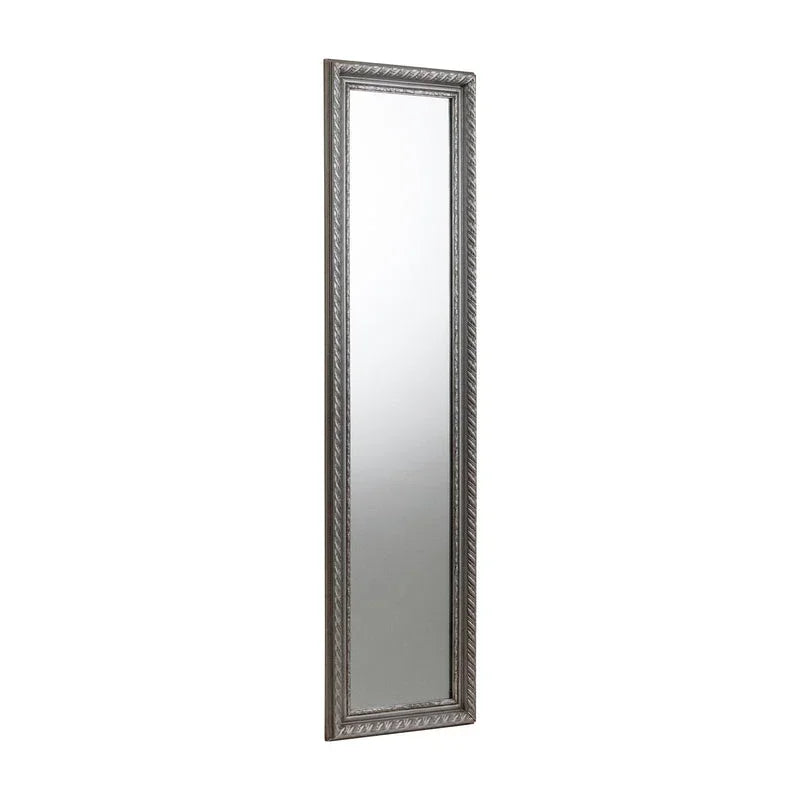 Tall pewter dress mirror with ornate rectangular frame on white background