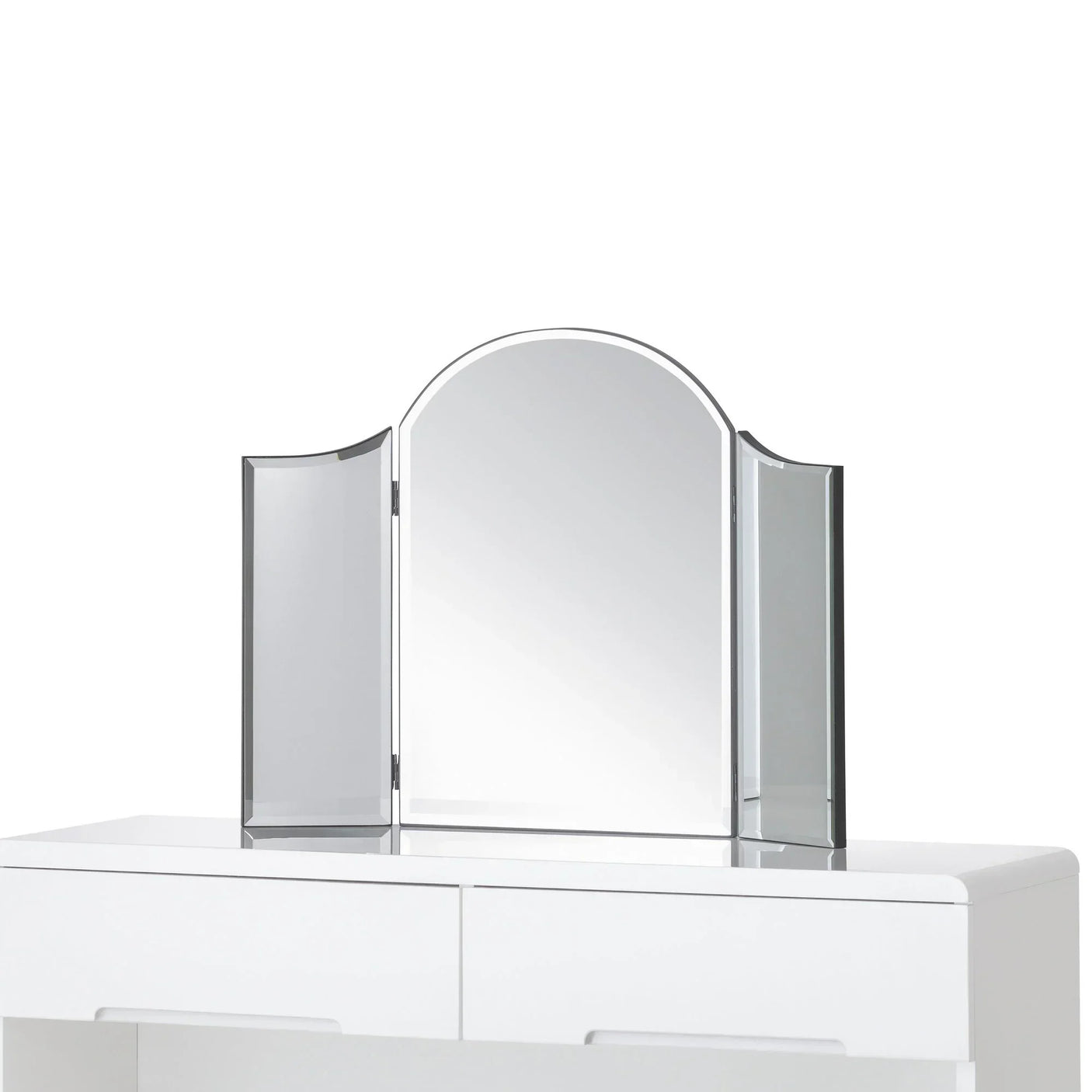 Curved dressing table mirror with three glass panels on a white vanity unit