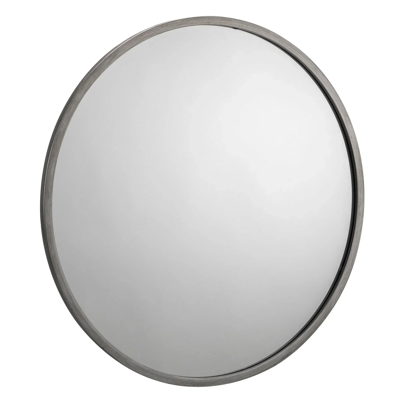 round pewter mirror with slim metal frame against white background