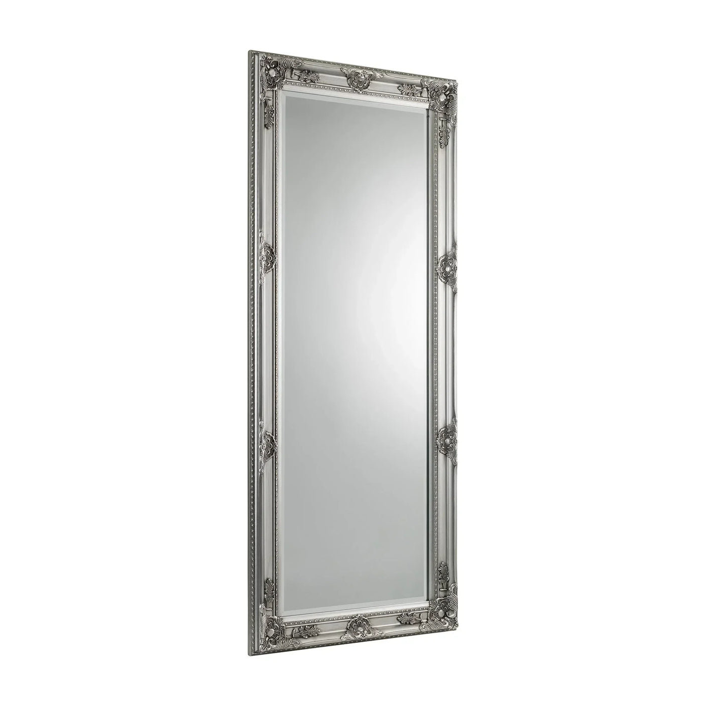 Pewter lean-to dress mirror with ornate rectangular frame on white background