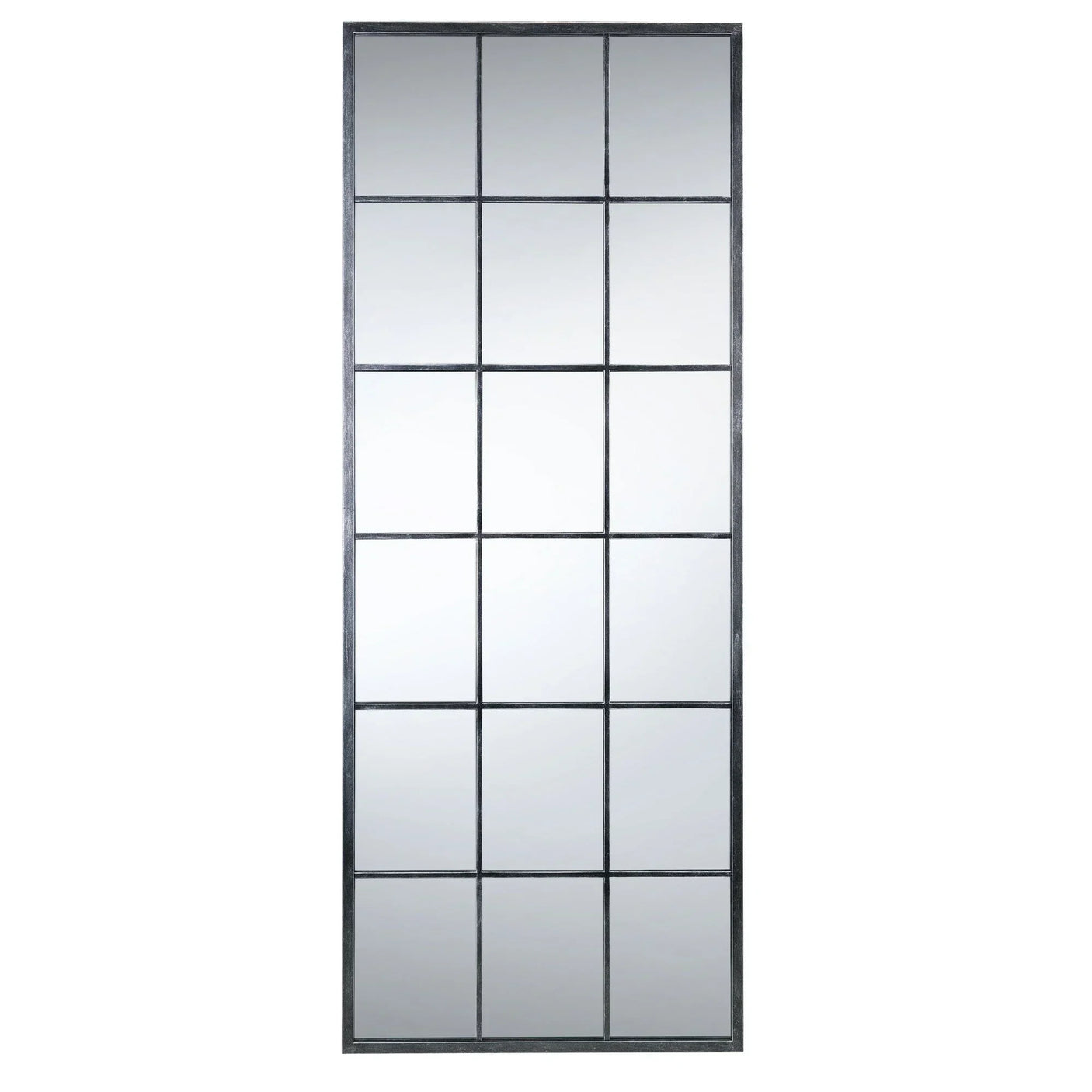 Rectangular panelled wall mirror with black metal grid frame, full length view