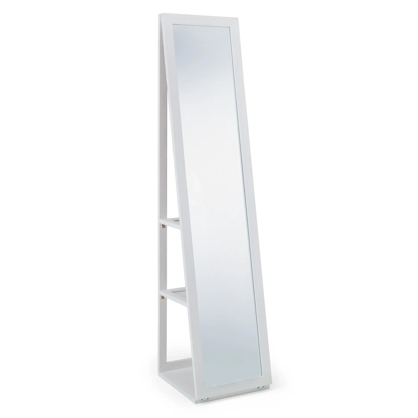 Fresco white storage mirror with side shelves, standing full length, angled view