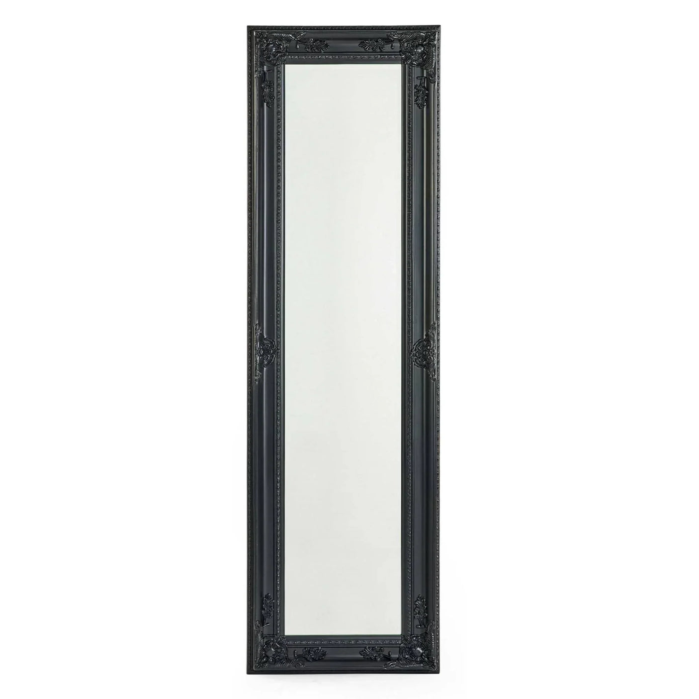 Tall black ornate framed mirror with decorative detailing, full length wall mirror