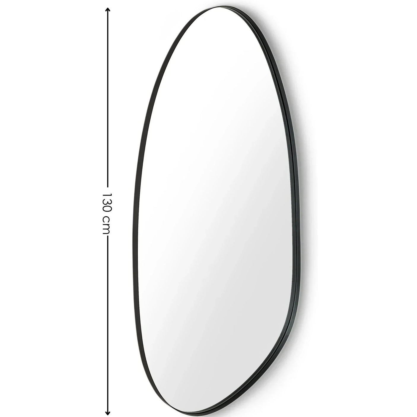 Asymmetric wall mirror with black frame, 130 cm tall, side angle view