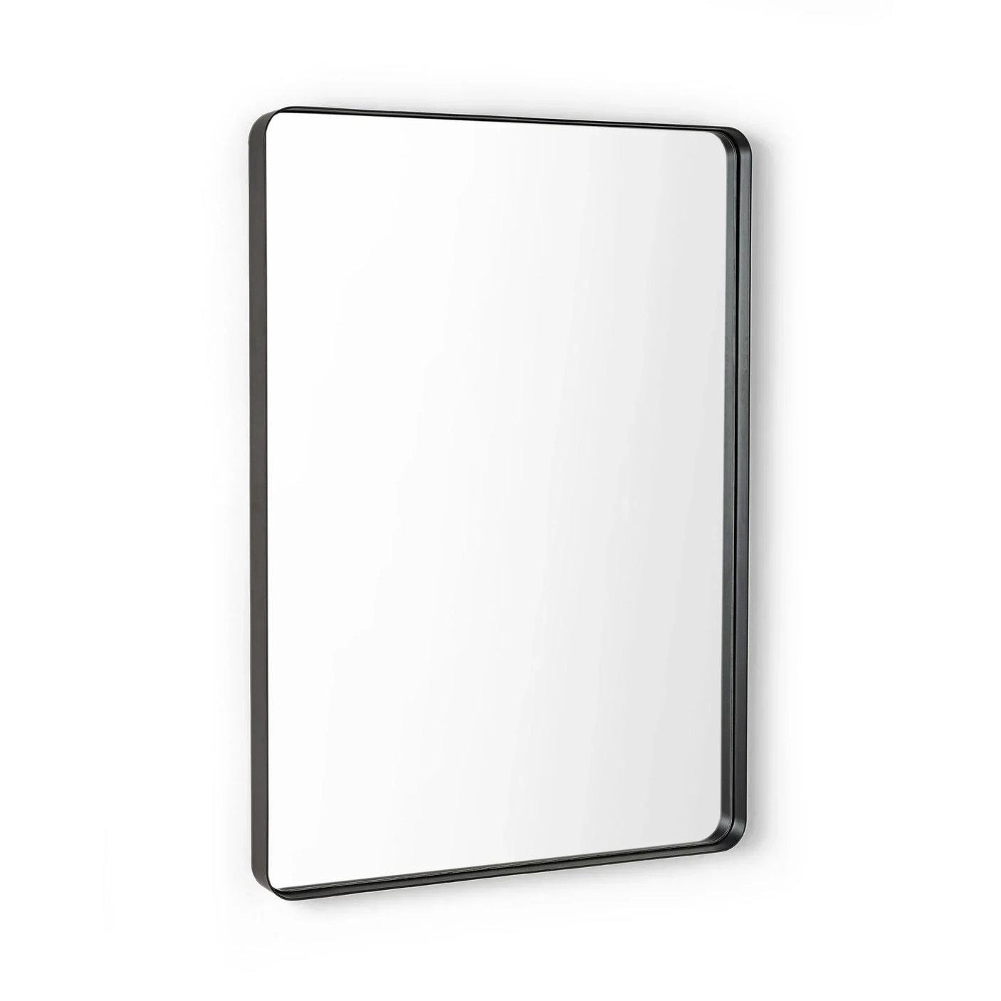 Rectangular wall mirror with slim black metal frame and rounded corners