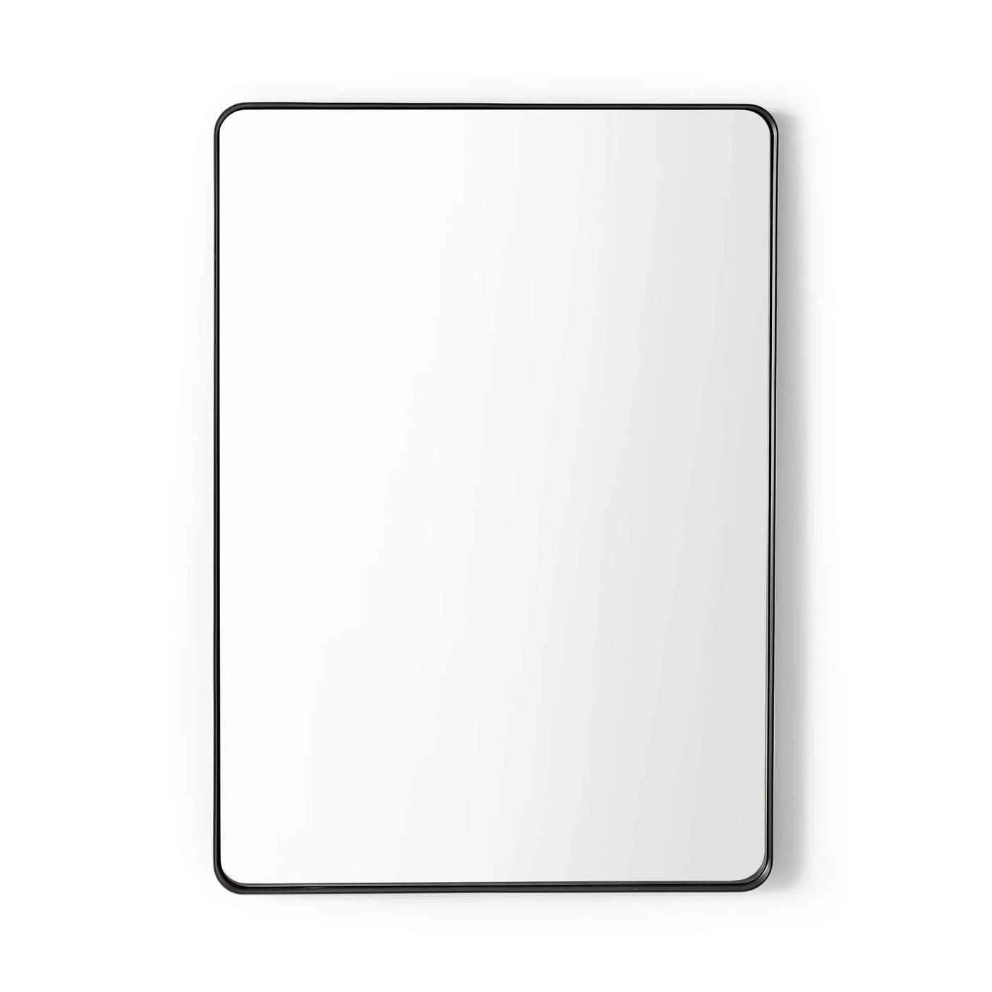 Rectangular wall mirror with slim black metal frame and rounded corners on white background