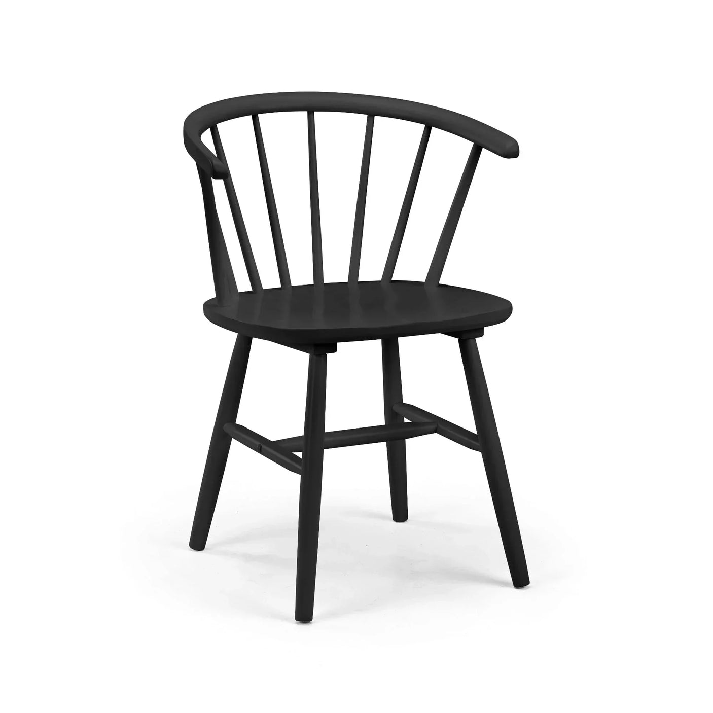 Black curved back dining chair with spindle design and wooden legs on white background