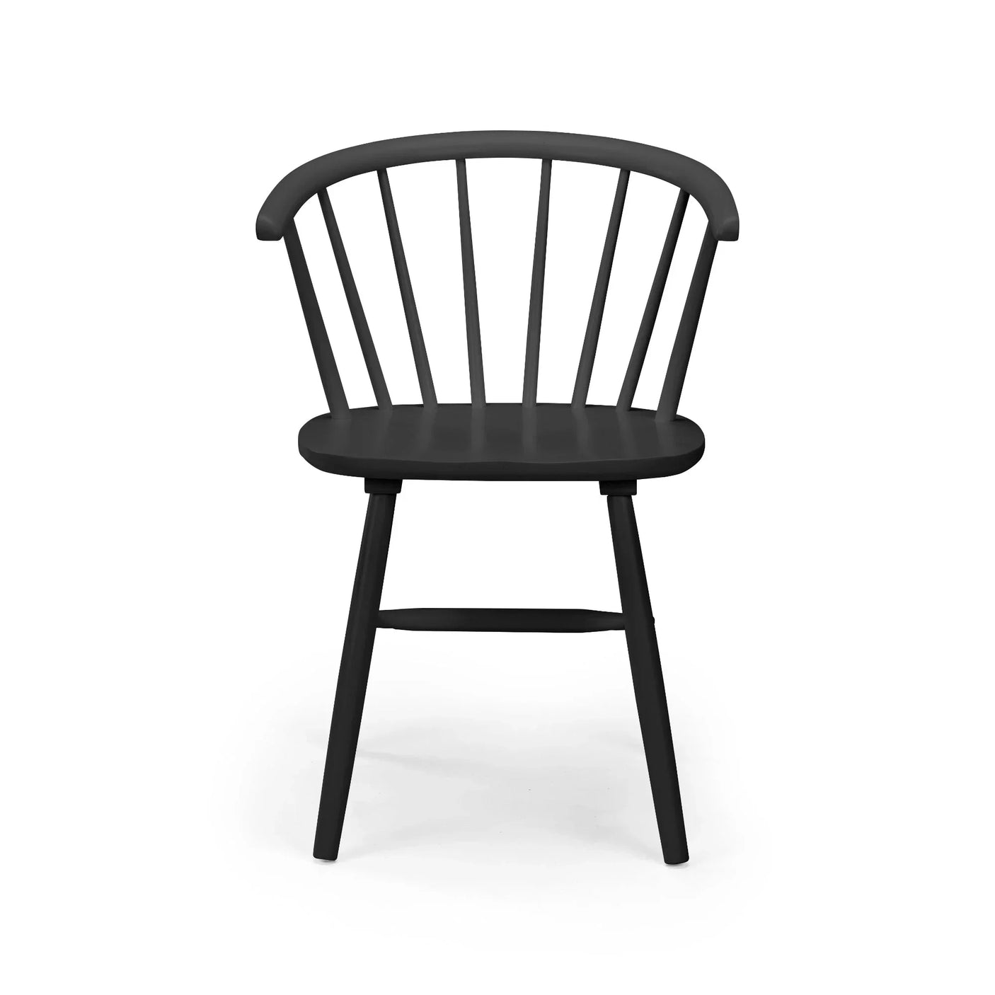 Black curved back dining chair with spindle design and wooden legs, front view