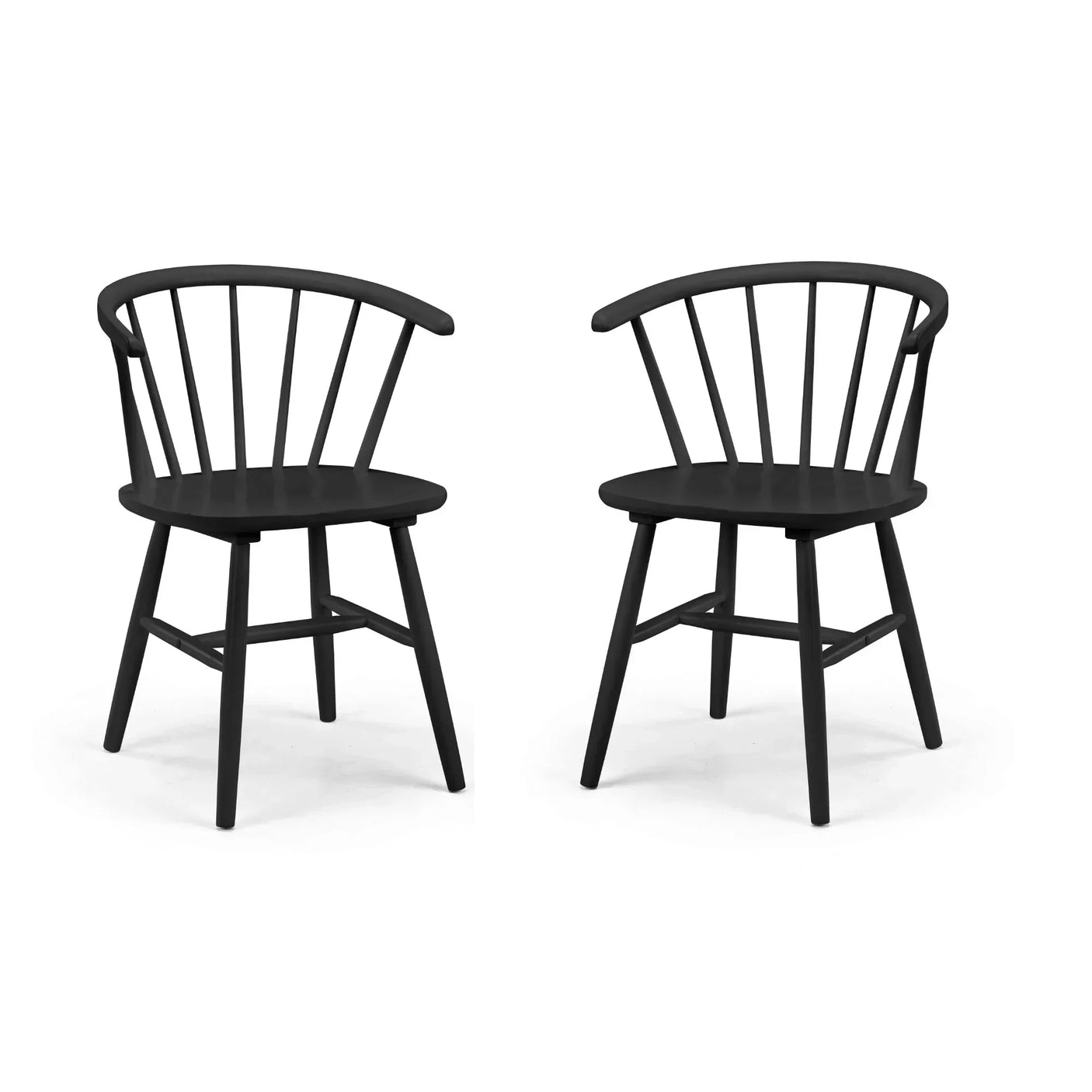 Pair of black curved back dining chairs with spindle detail on white background
