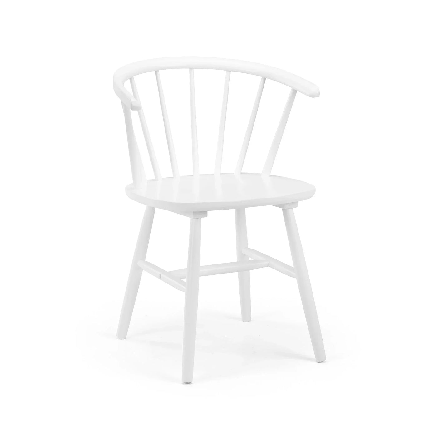 White curved back dining chair with spindle design and angled wooden legs