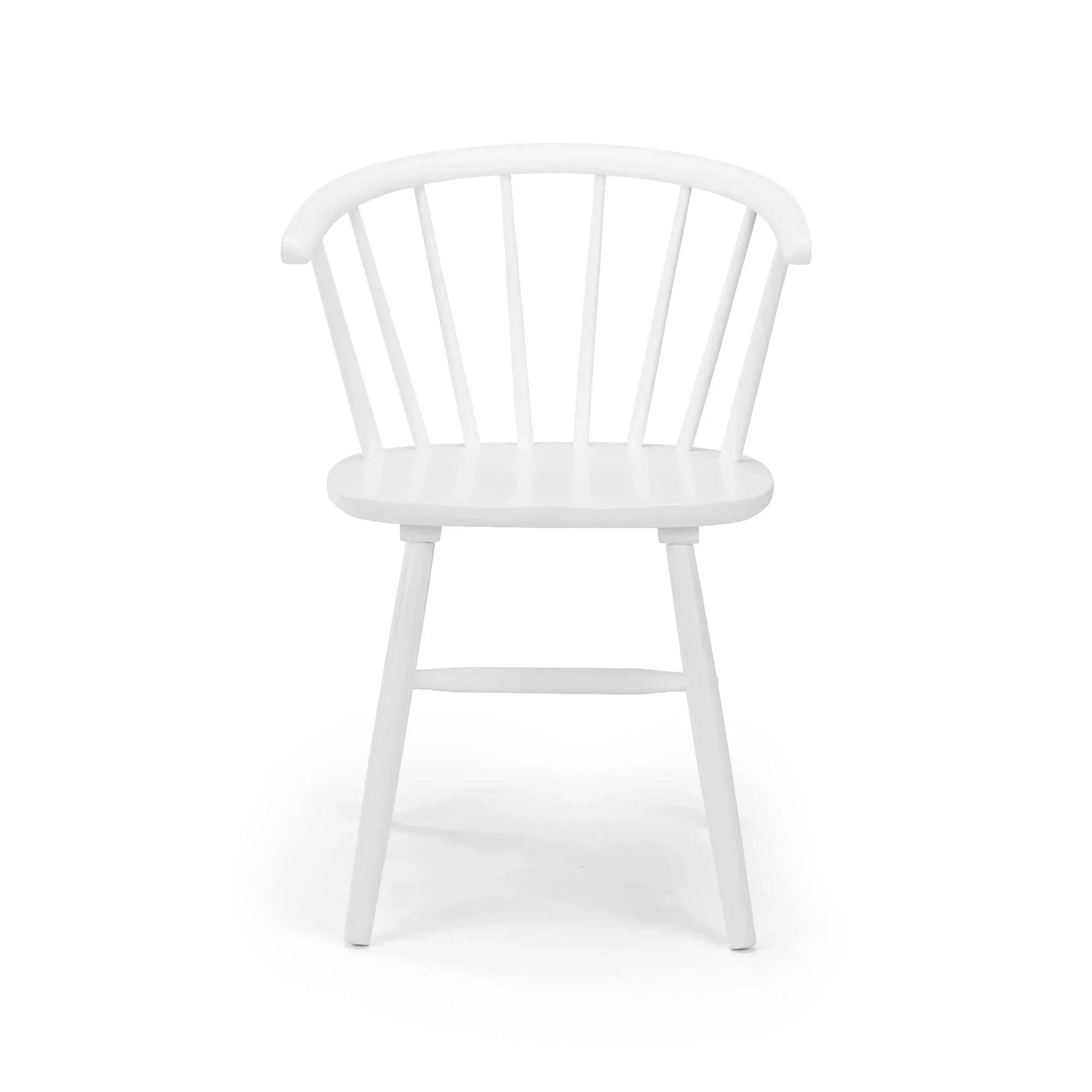 White curved back dining chair with spindle detail and wooden legs on white background