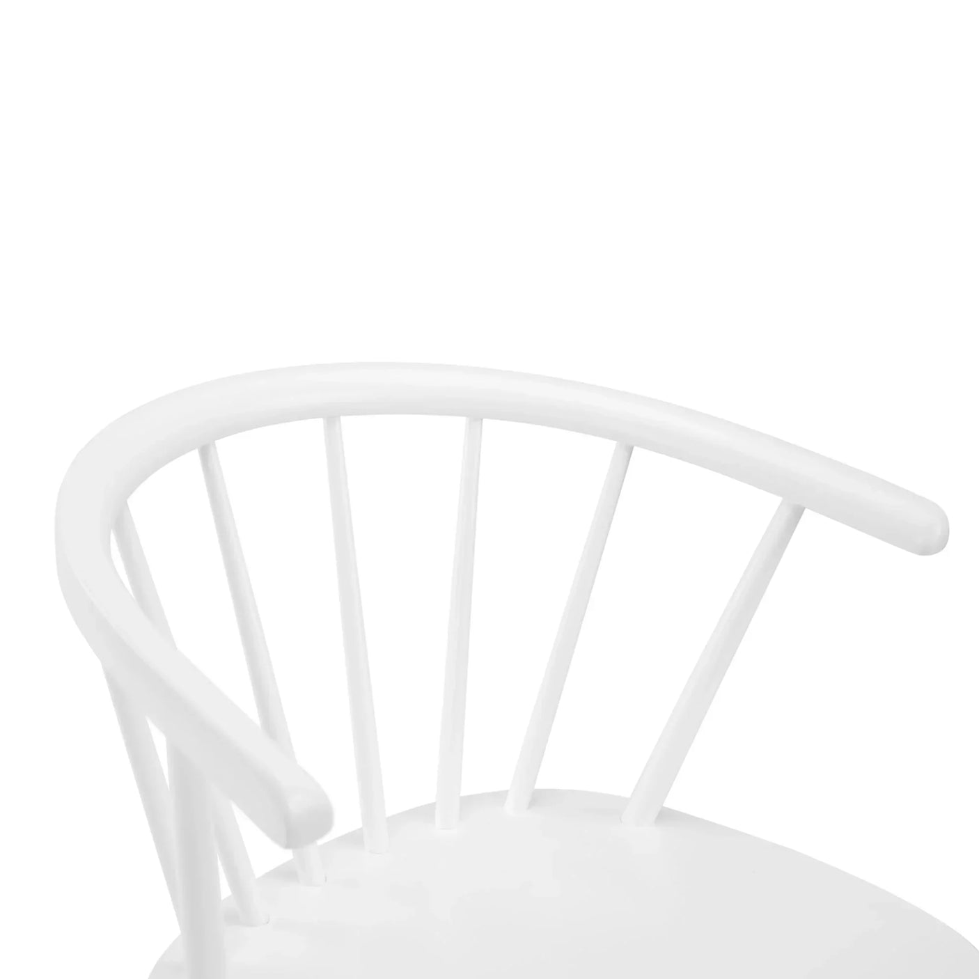 White Modena curved back dining chair with spindle detail, close-up of armrest and back