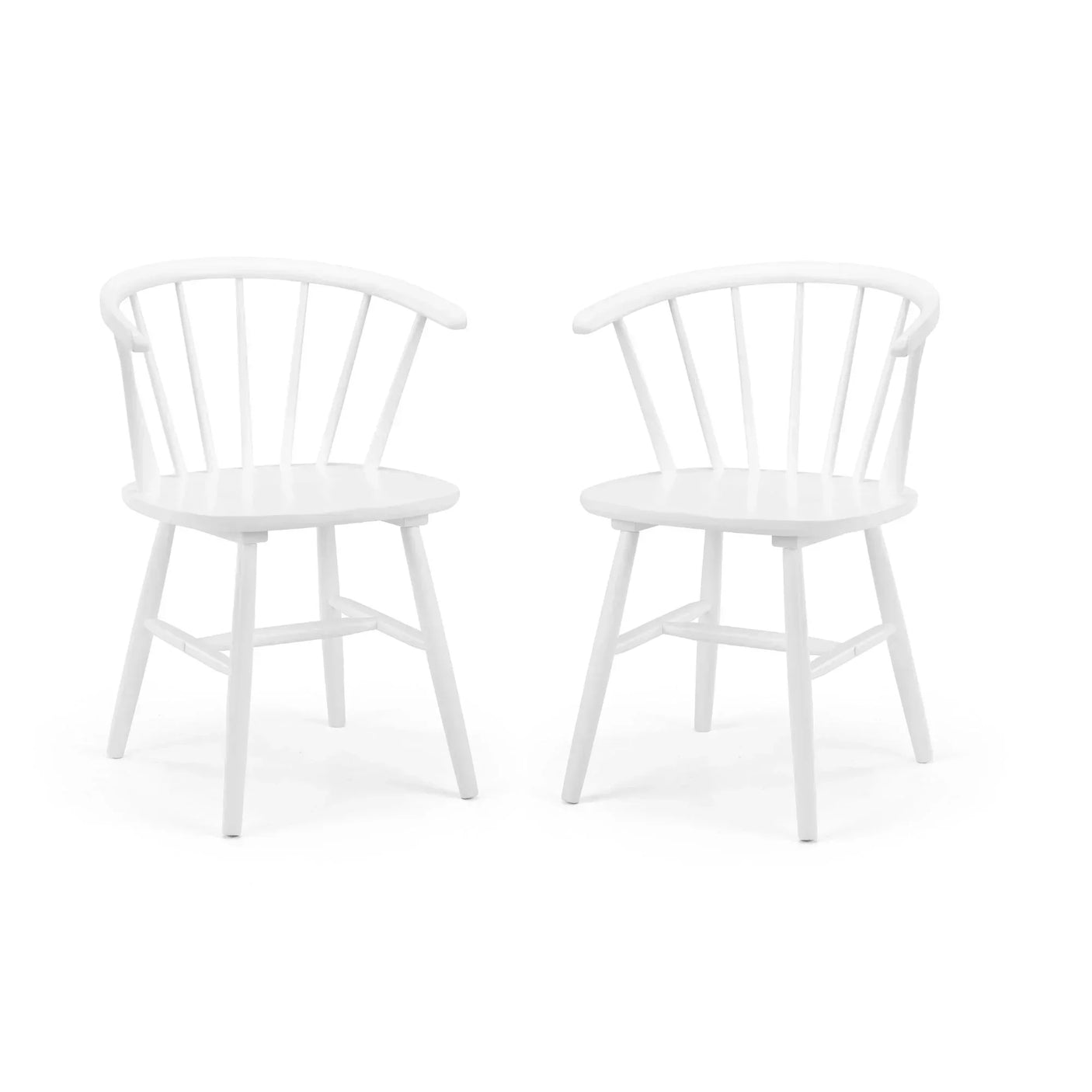 Pair of white curved back dining chairs with spindle supports on white background