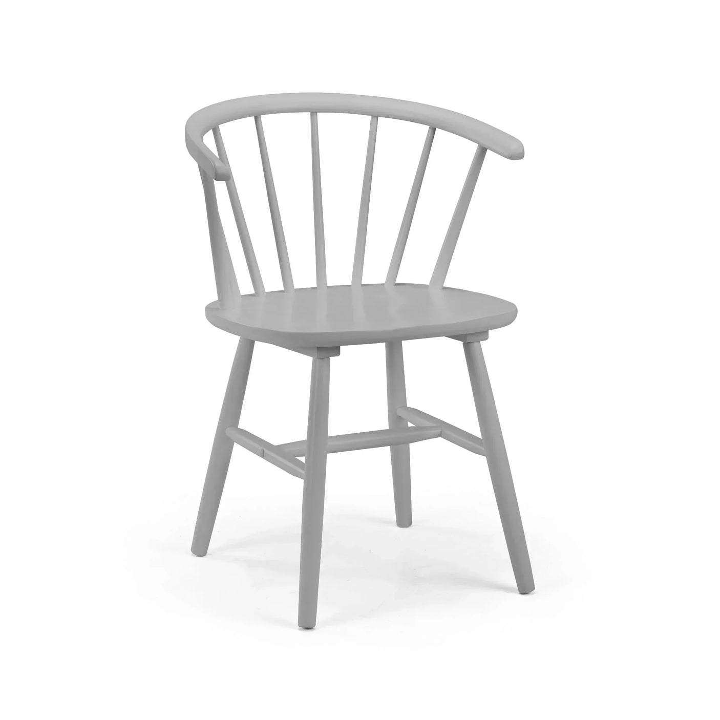 Grey wooden curved back dining chair with spindle design on white background