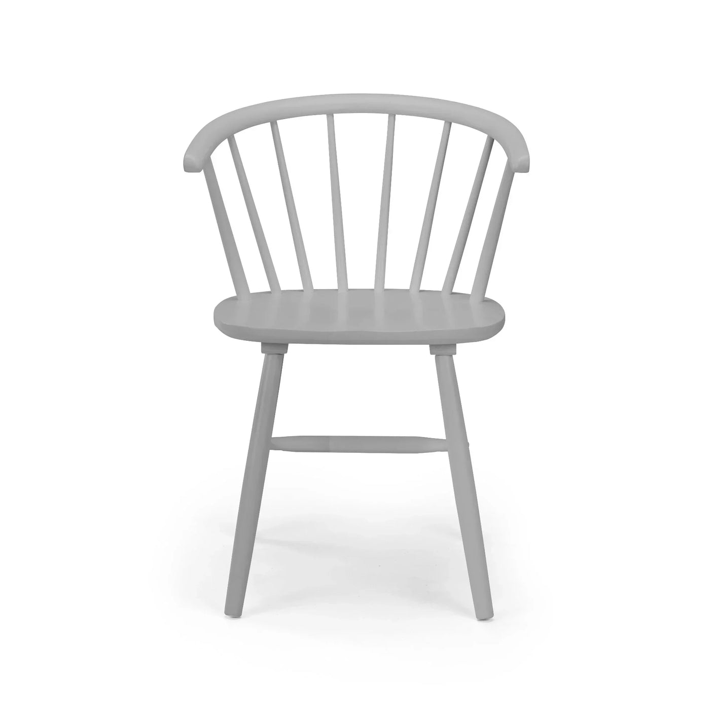 Grey curved back dining chair with spindle design, wooden seat and legs, front view