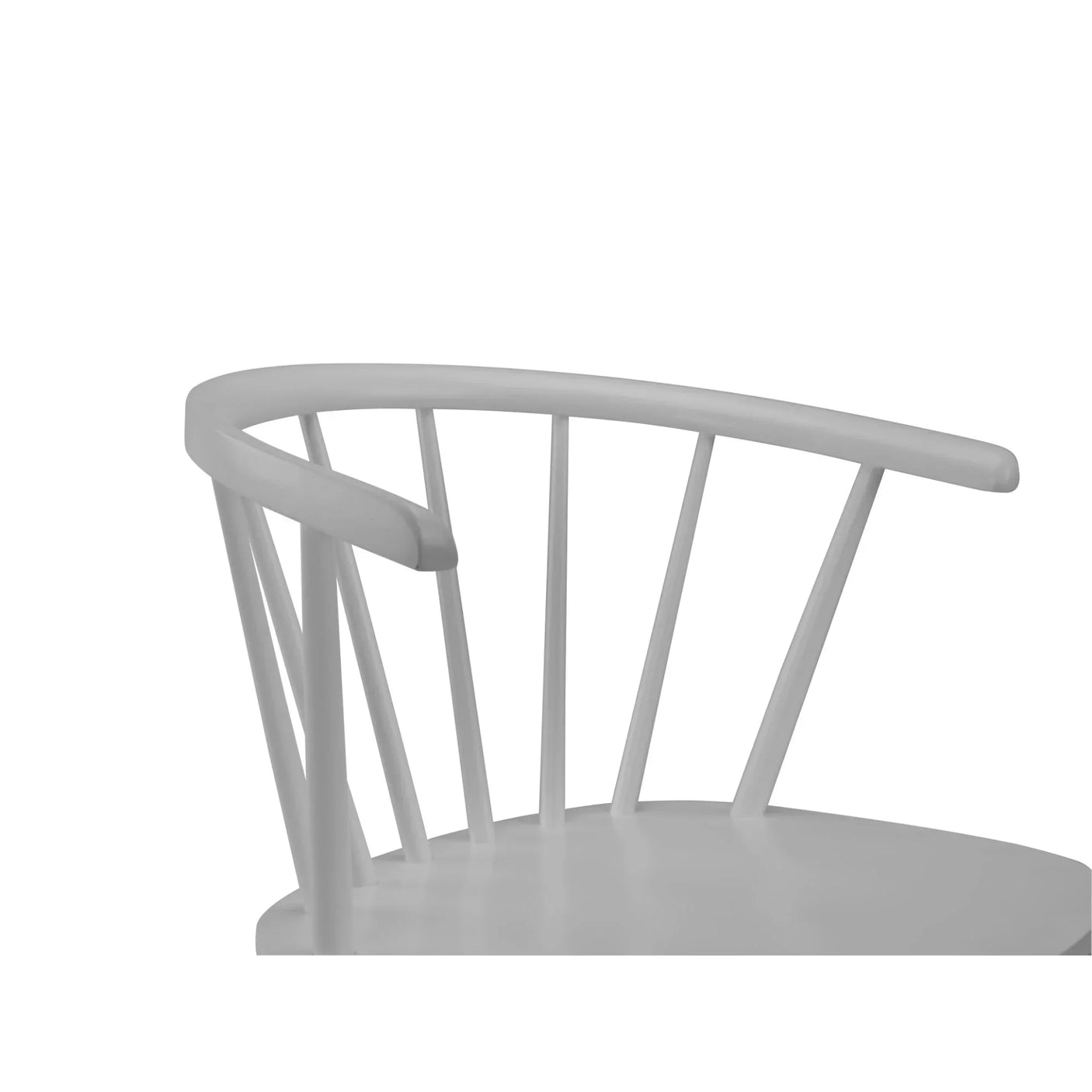 Grey curved back dining chair with spindle detail and smooth wooden finish, close up angle