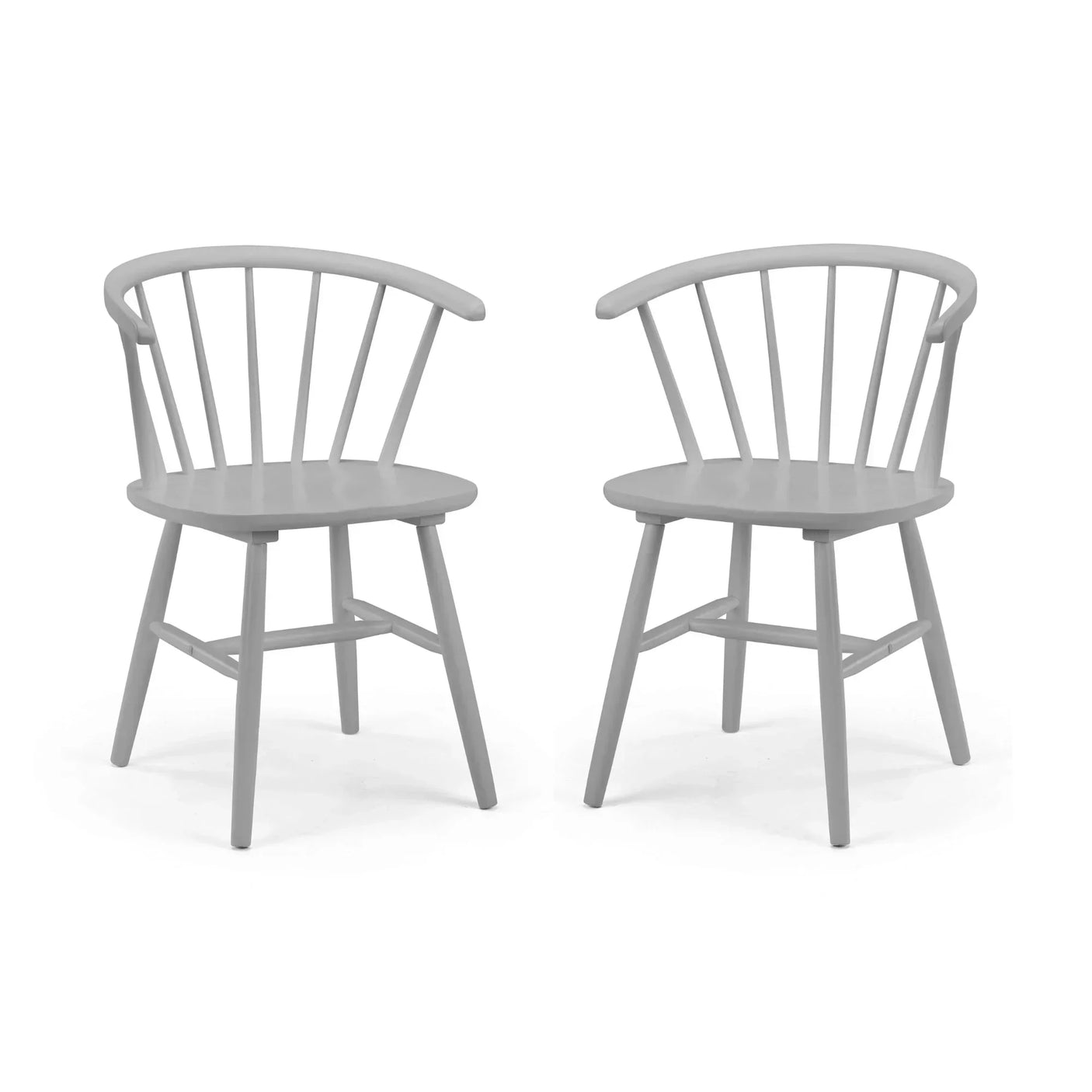 Pair of Modena curved back dining chairs in grey with spindle design on white background
