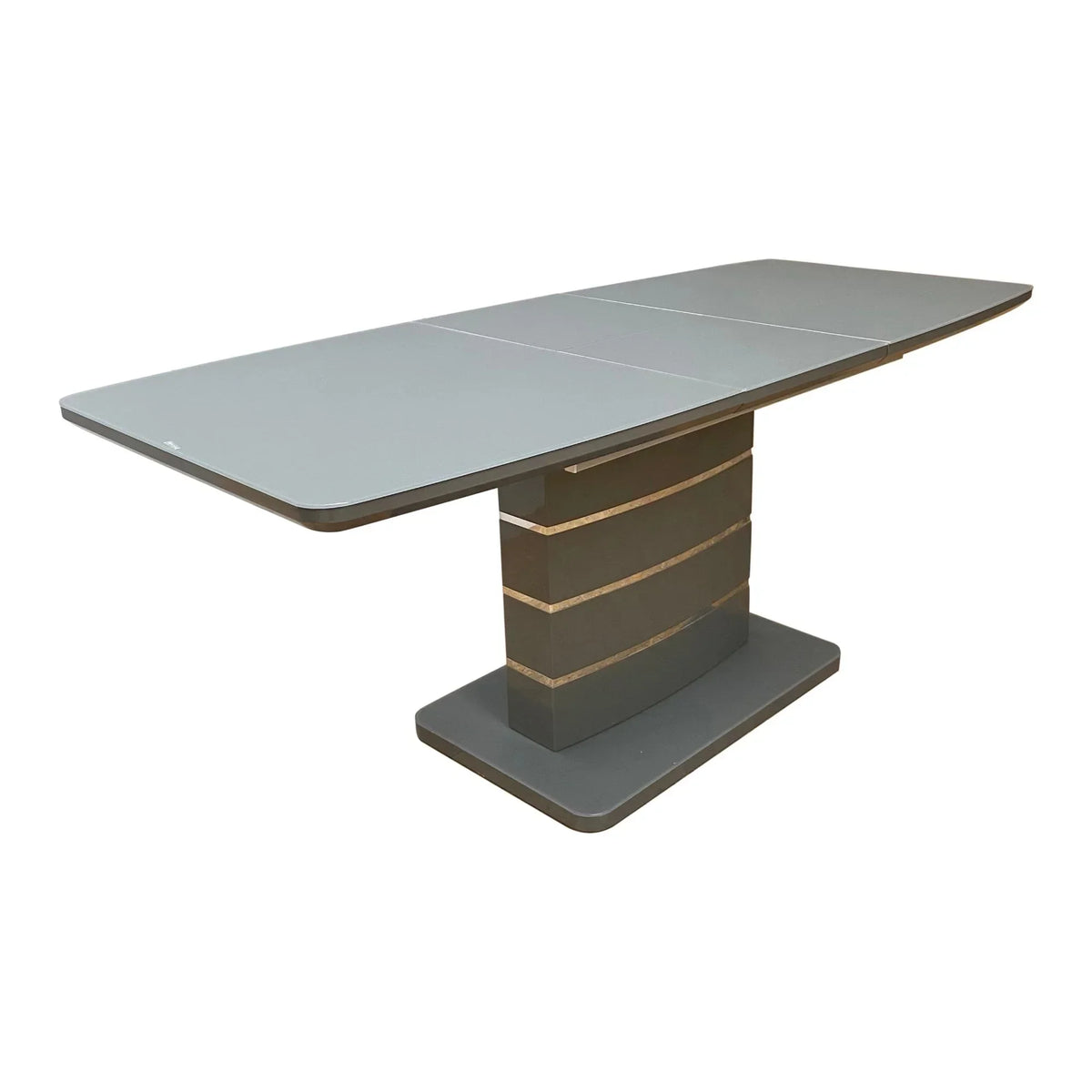 Rectangular grey dining table with pedestal base and wood trim accents
