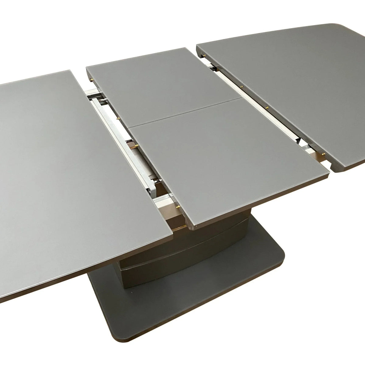 Grey extending dining table with central leaf insert and pedestal base