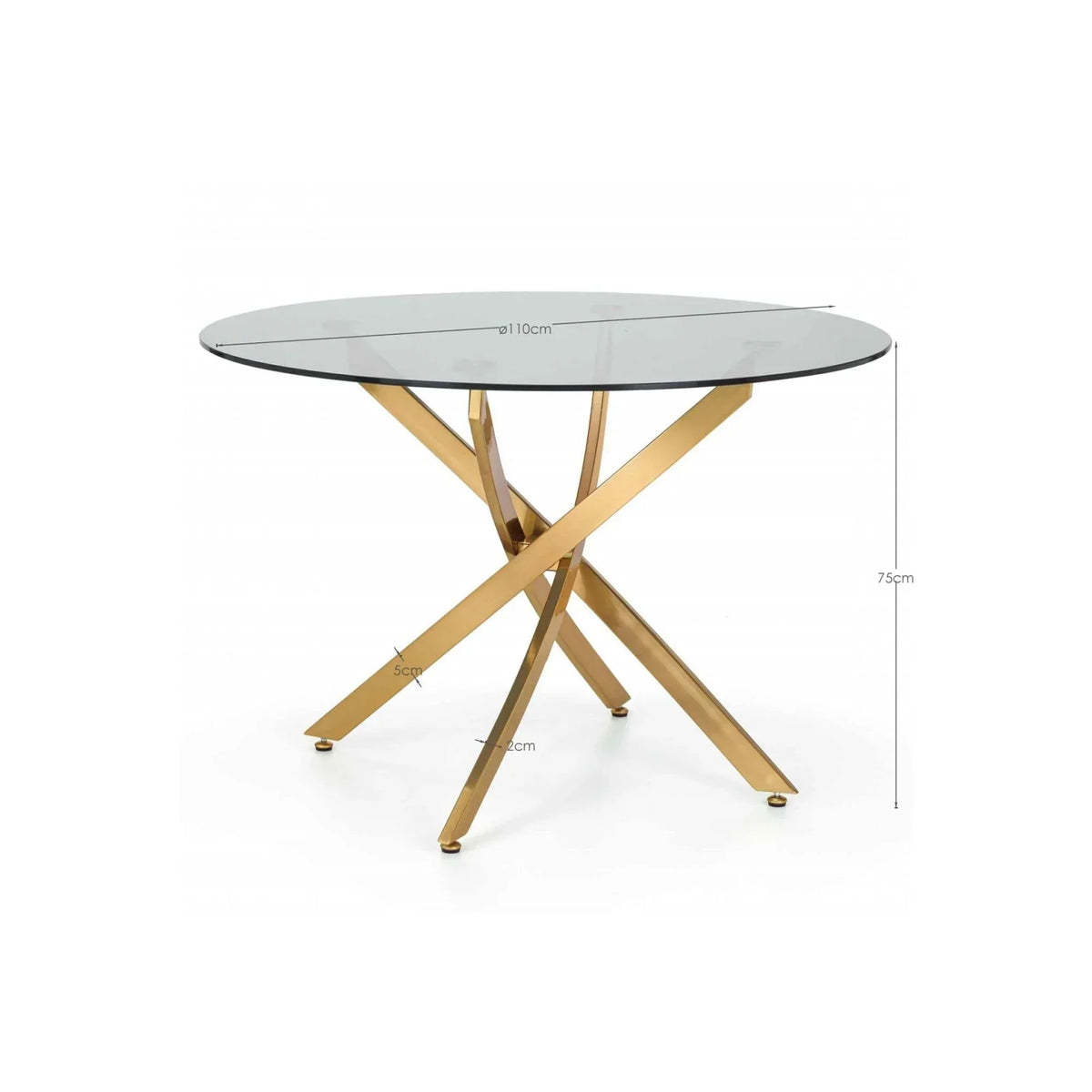 Round glass dining table with gold metal legs and size measurements shown