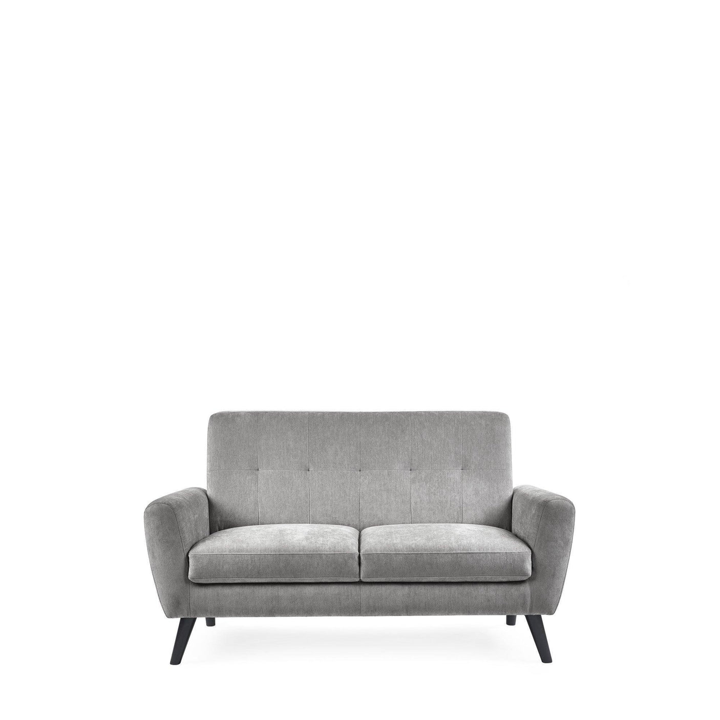Dove grey 2 seater sofa with tufted backrest and angled black legs on white background