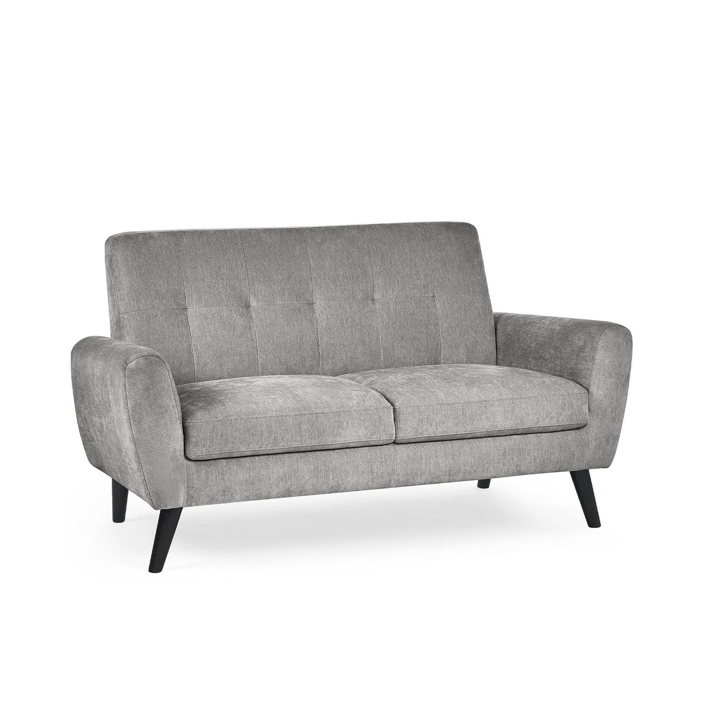 Grey fabric sofa with tufted backrest and angled black legs, front view