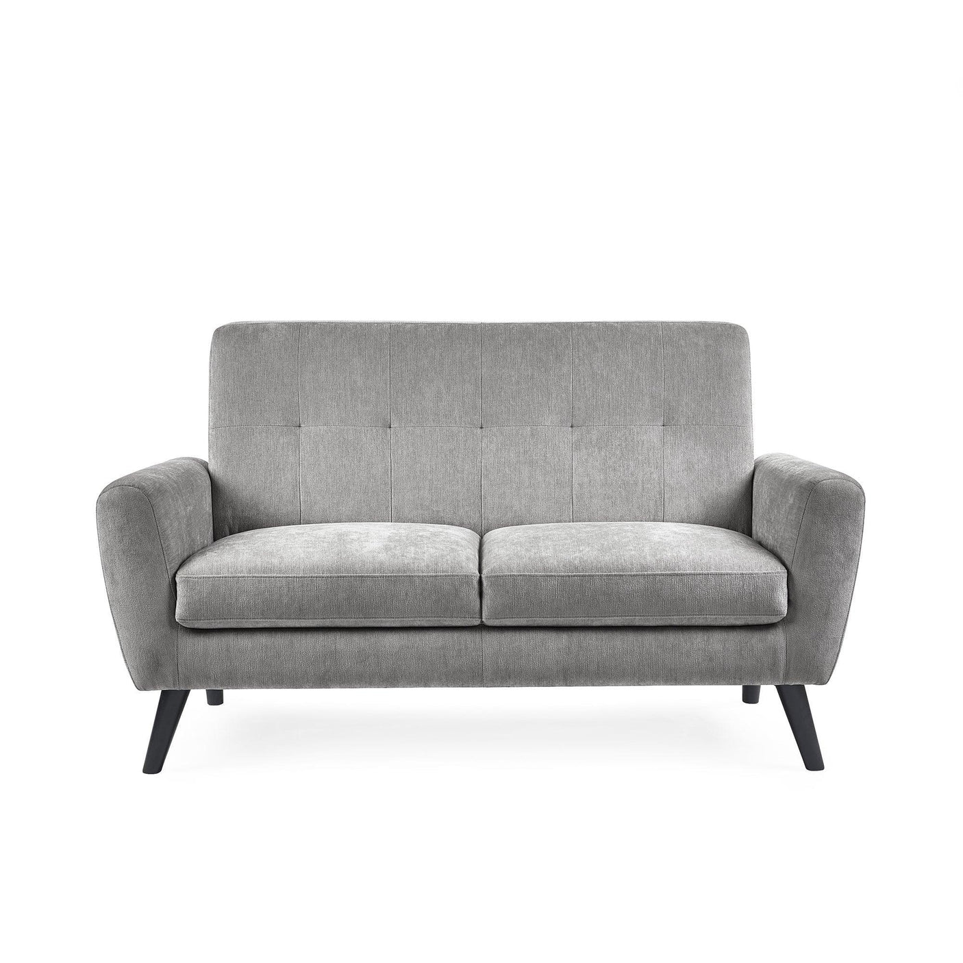 Grey fabric two seater sofa with angled black legs and cushioned seat, front view