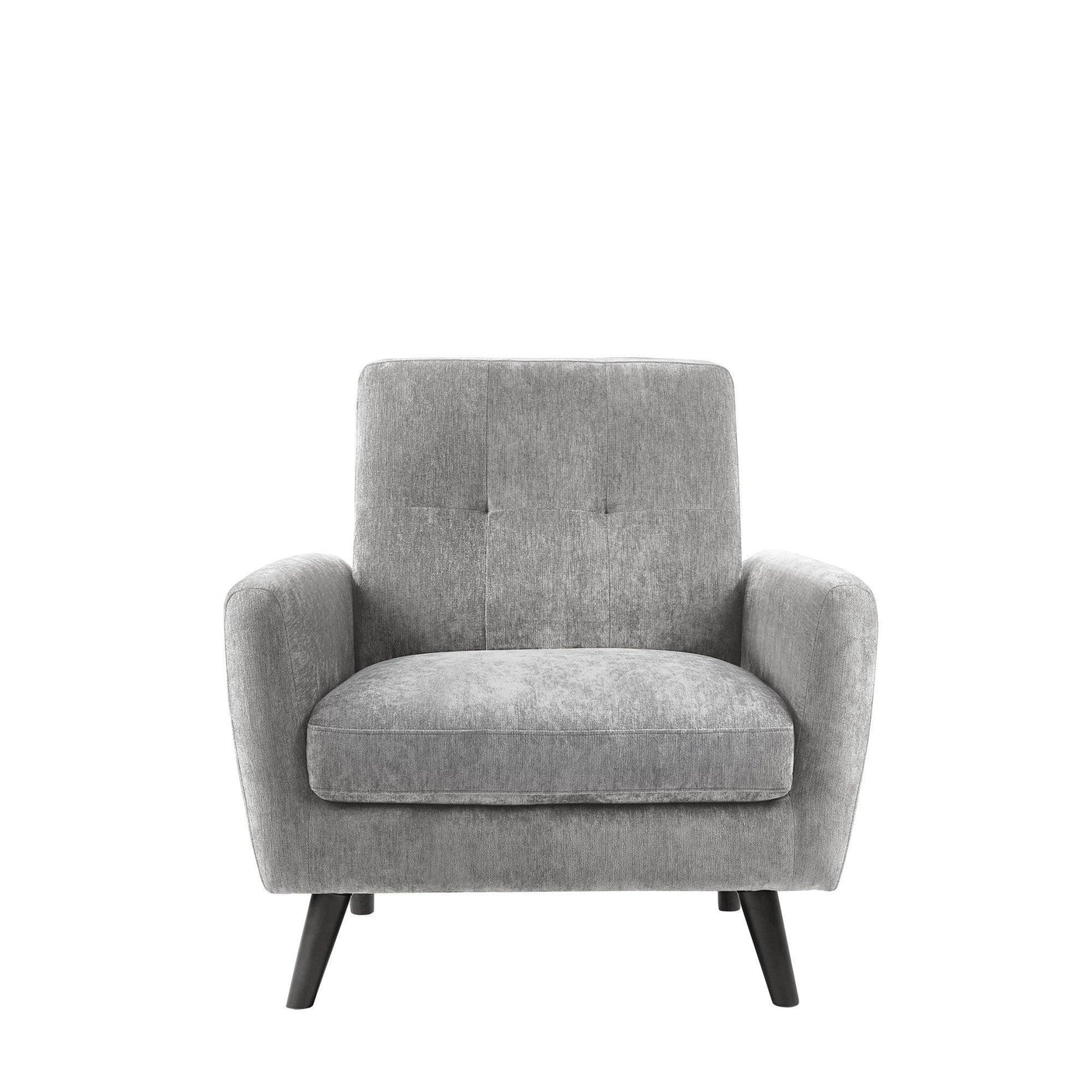 Dove grey armchair with fabric upholstery and angled black legs, front view