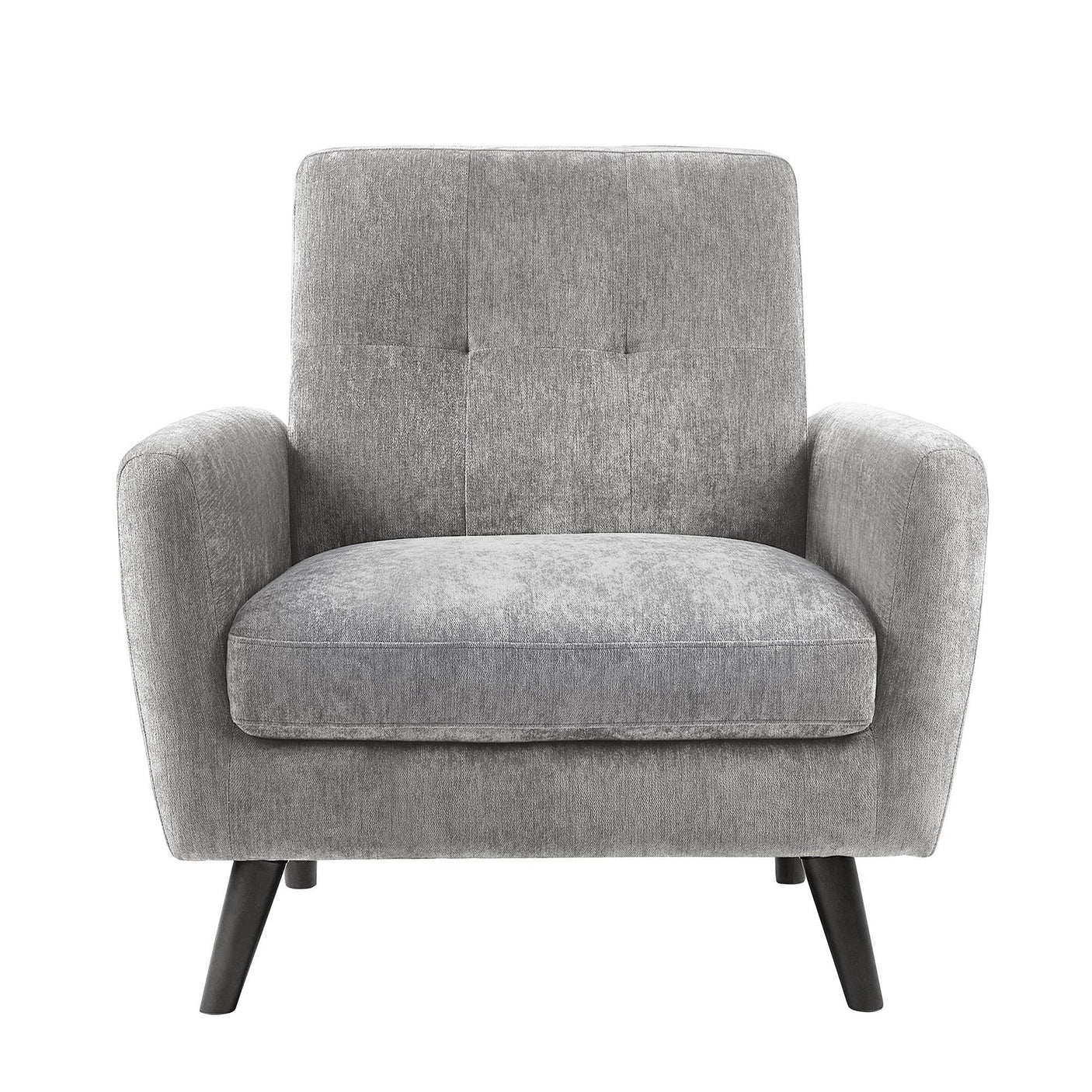 Grey fabric accent chair with button-tufted backrest and angled wooden legs, front view