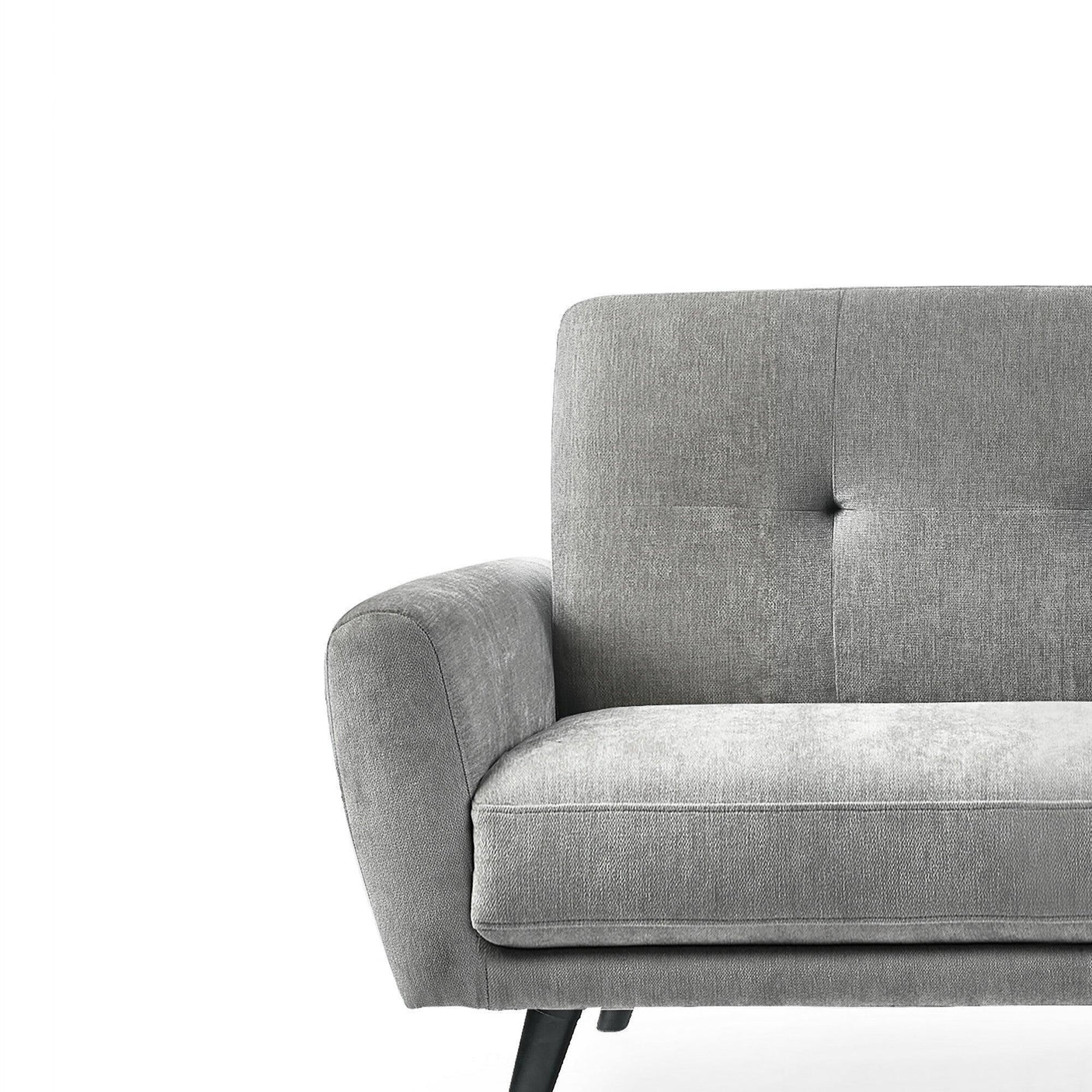 Grey fabric sofa with button-tufted backrest and angled black legs, front view detail