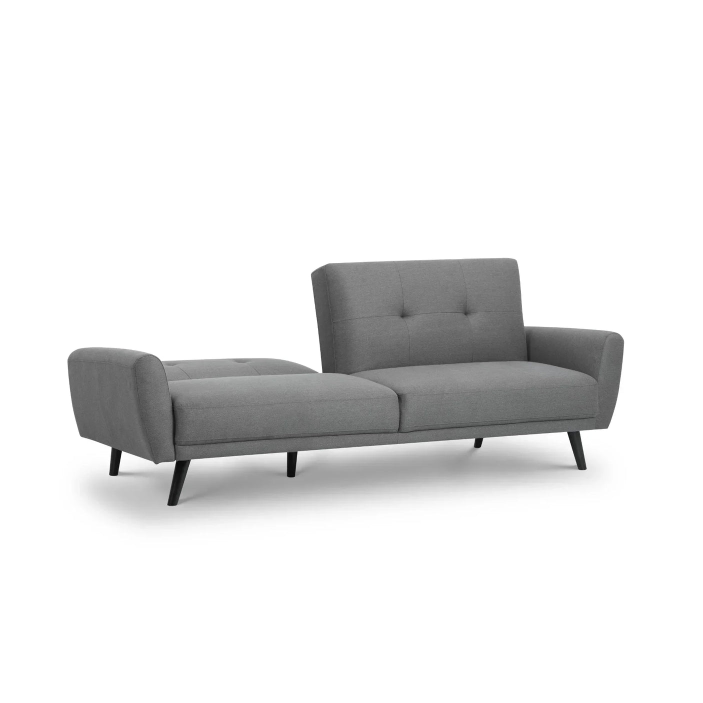 Grey fabric sofabed with angled black legs shown in extended sleeping position