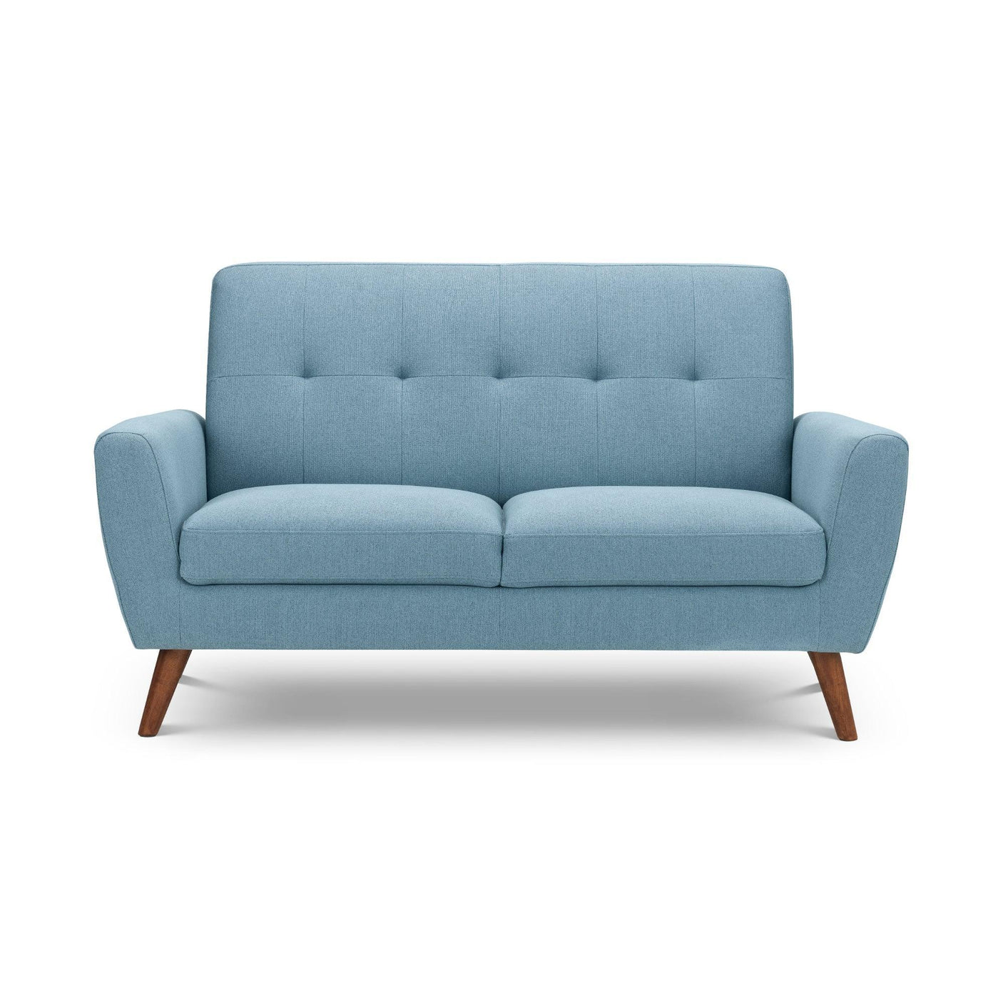Blue 2 seater sofa with button-tufted back and wooden legs, front view on white background
