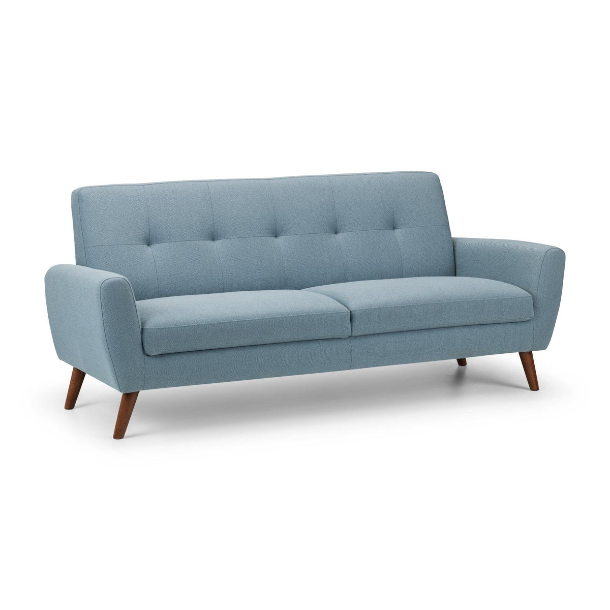 Blue three seater fabric sofa with button-tufted backrest and angled wooden legs