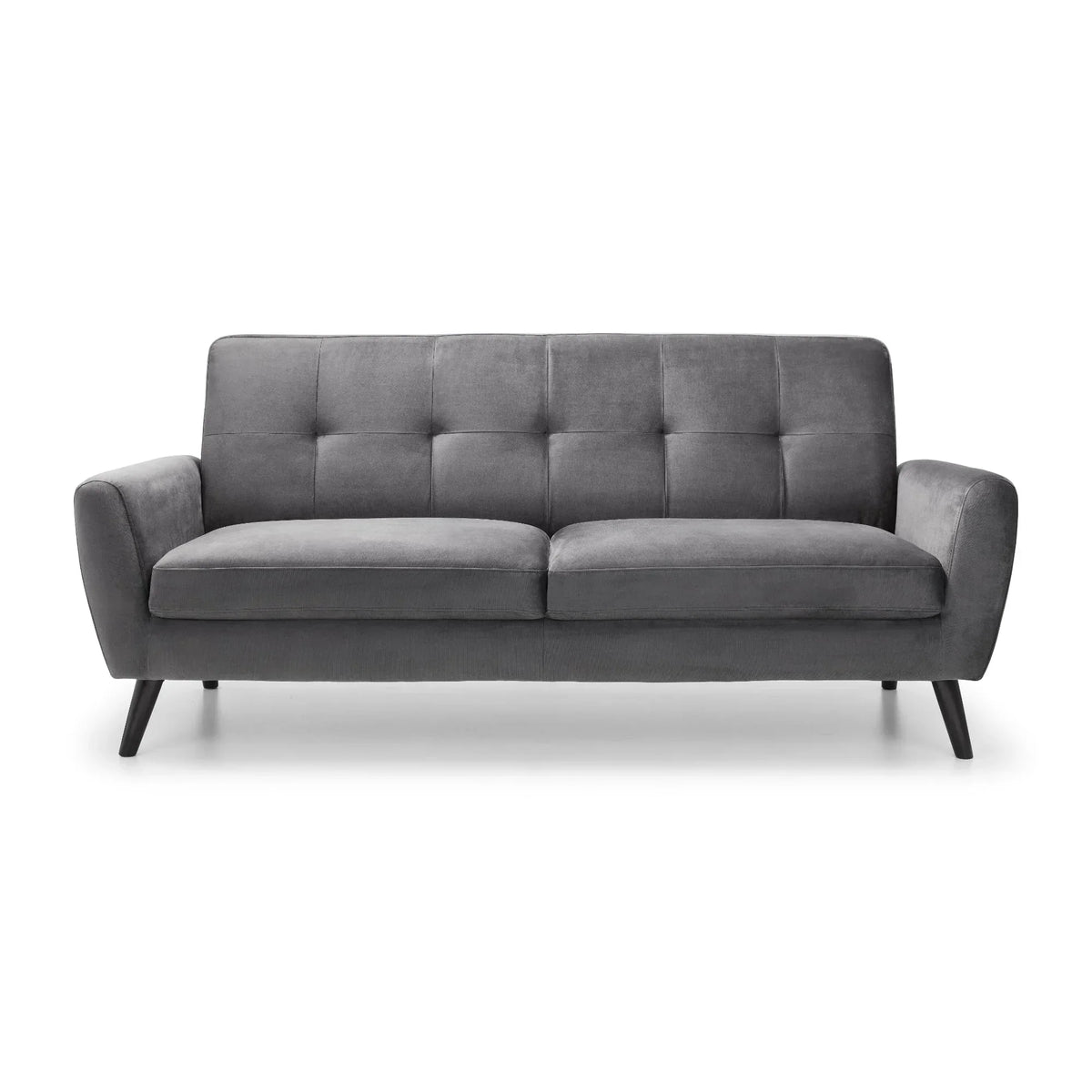 Monza grey velvet 3 seater sofa with tufted backrest and black angled legs, front view