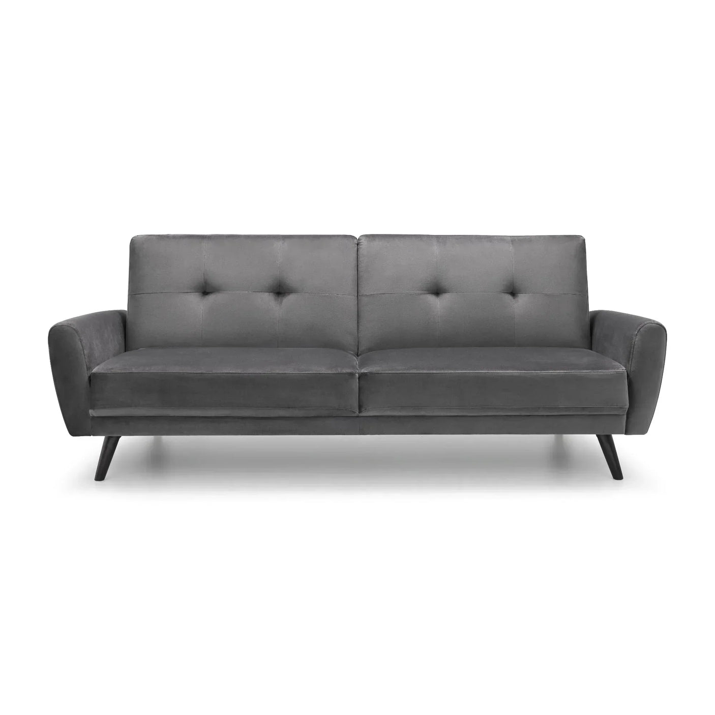 Grey velvet sofabed with button-tufted cushions and angled wooden legs, front view