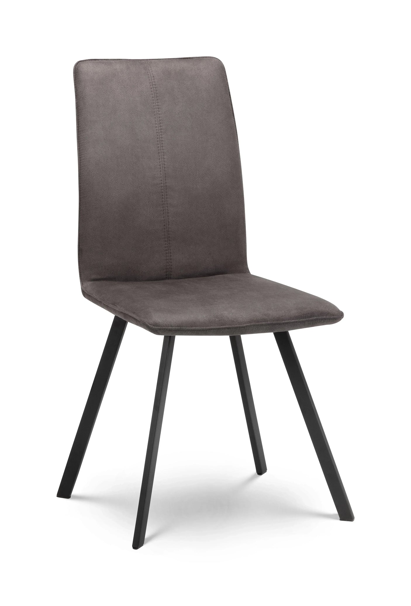 Grey fabric dining chair with cushioned seat and black metal legs, side angle view